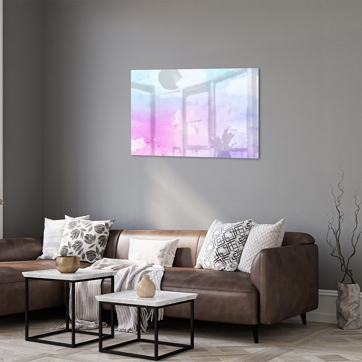 Raffiniertes Glasbild mit violetten Farbtönen – Glasbild aus Sicherheitsglas, Größe 50x50_rond