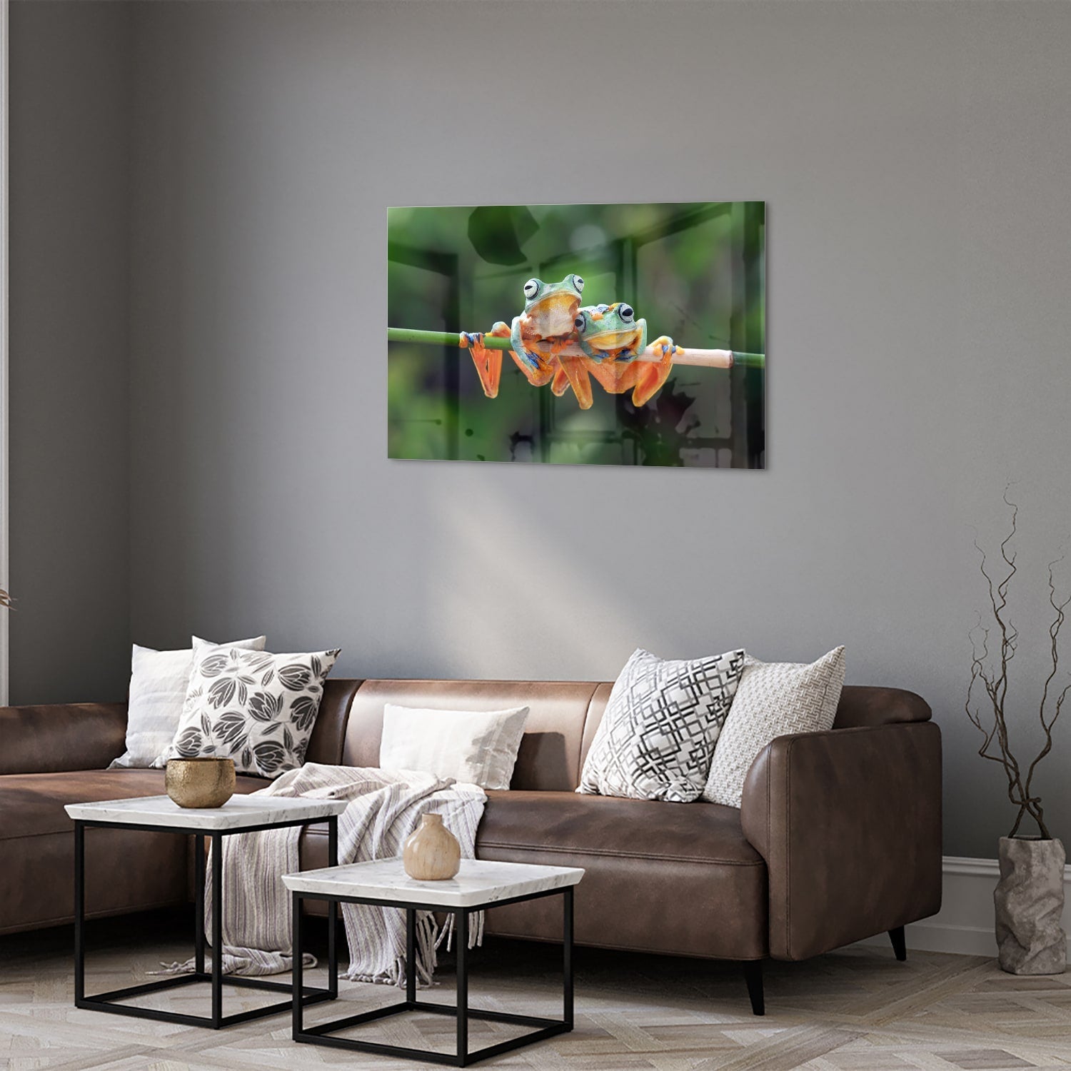 Fröhliches Glasbild mit Frosch auf einem Ast – Glasbild aus Sicherheitsglas, Größe 50x50_rond