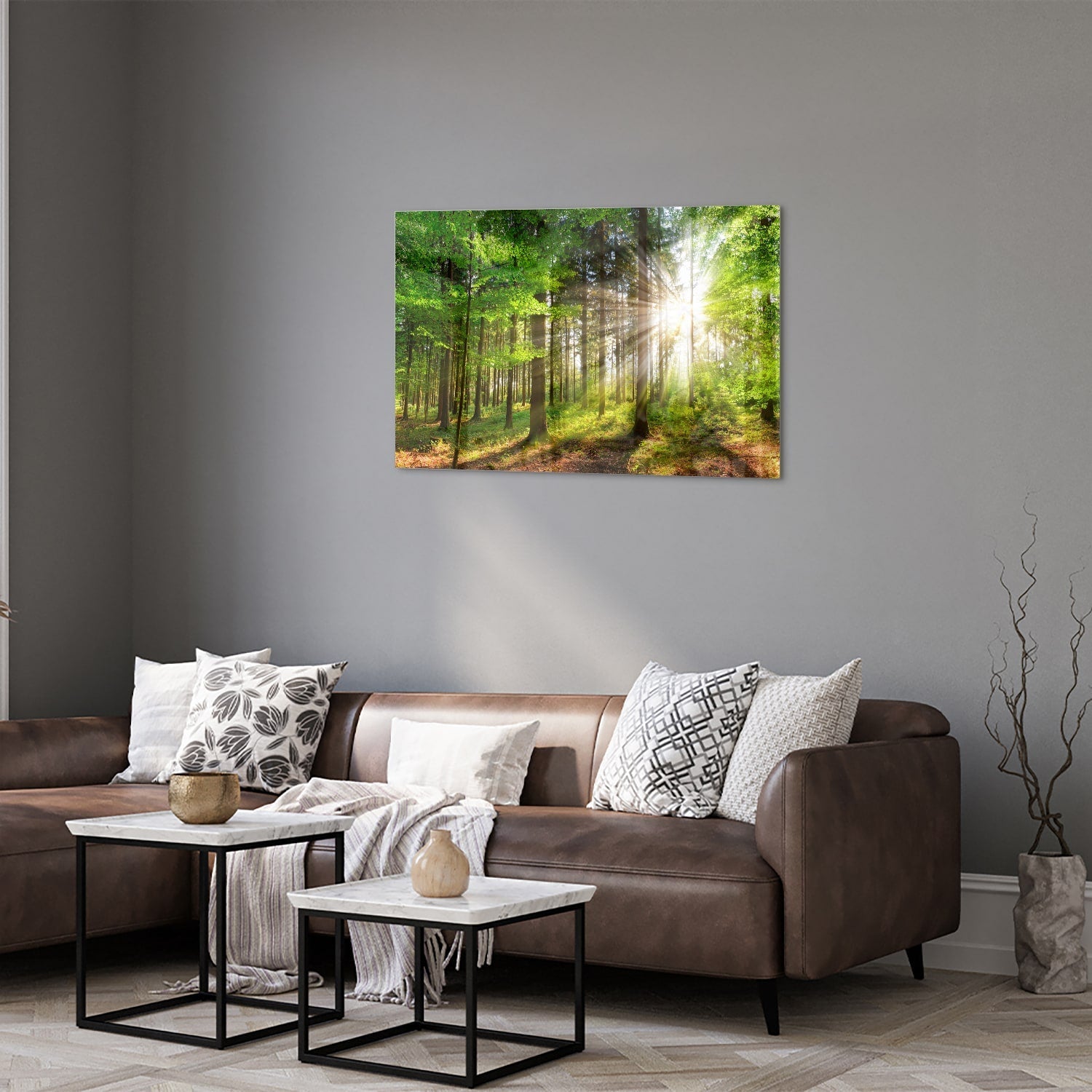 Glasbild mit sonnigem Wald für die Wohndekoration – Glasbild aus Sicherheitsglas, Größe 50x50_rond