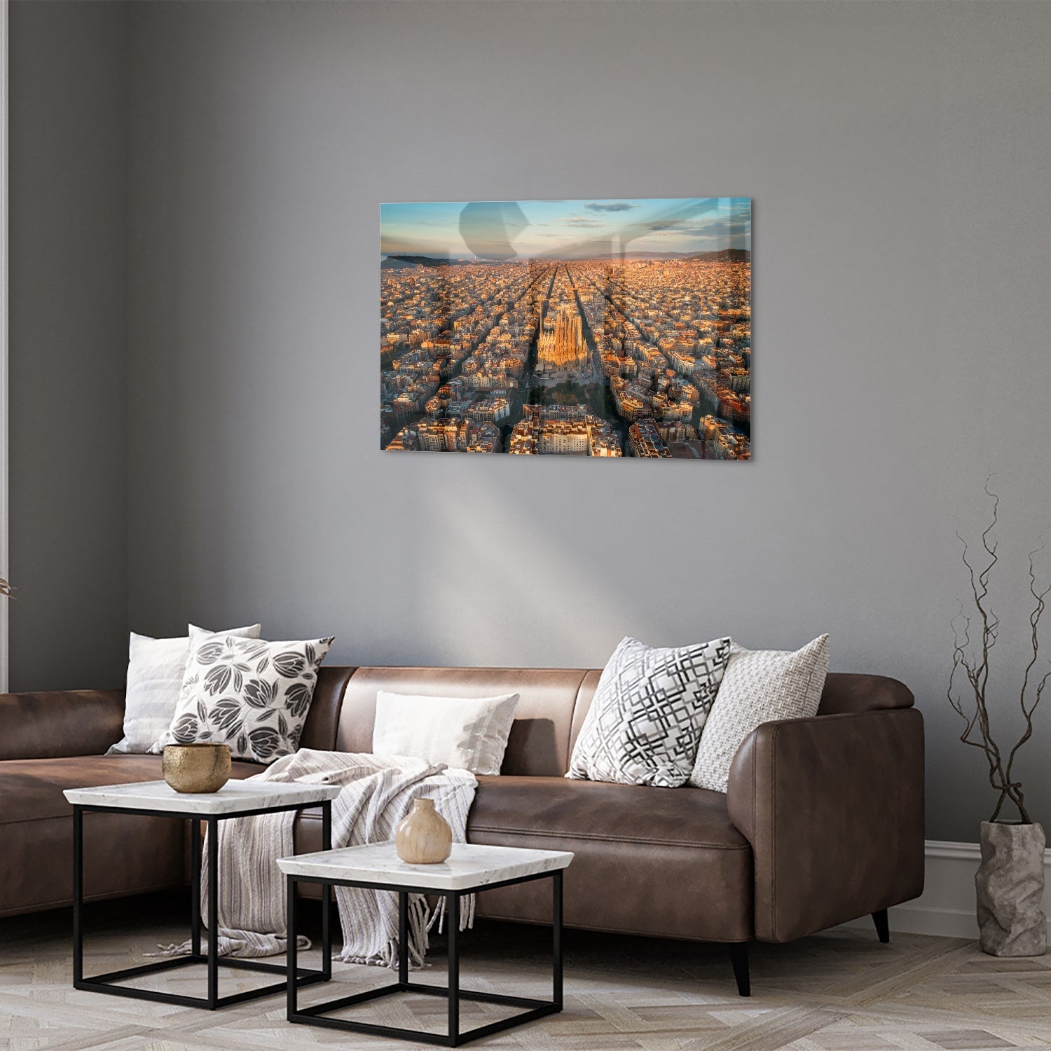 Glasbild mit atemberaubendem Stadtblick bei Sonnenuntergang – Glasbild aus Sicherheitsglas, Größe 50x50_rond