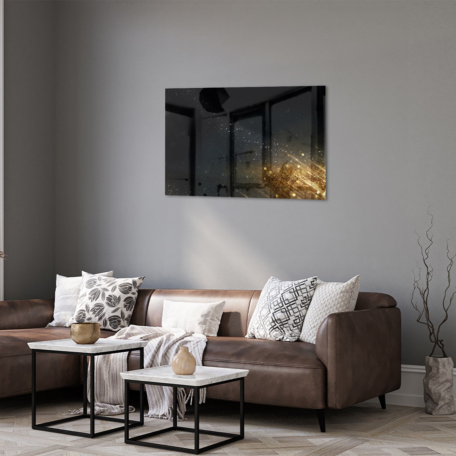 Schwarzes Glasbild mit Sternen und Lichtreflexionen – Glasbild aus Sicherheitsglas, Größe 50x50_rond