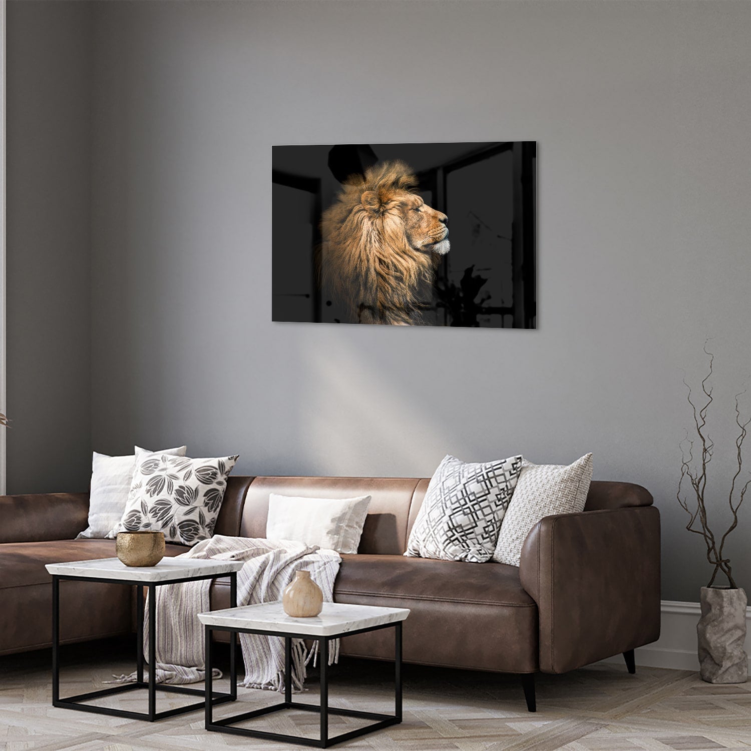 Glasbild mit majestätischem Löwen – Glasbild aus Sicherheitsglas, Größe 50x50_rond