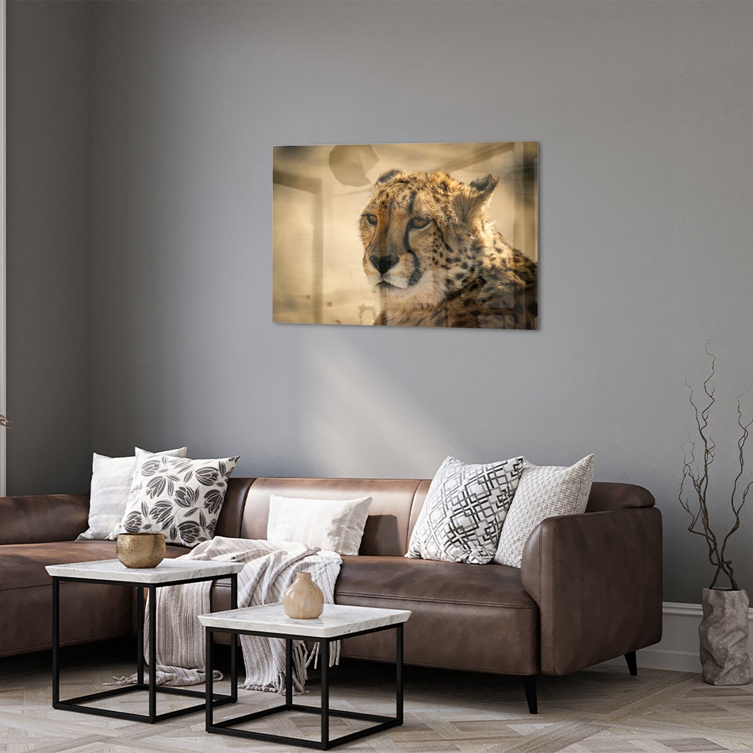 Elegantes Glasbild mit einem Leoparden – Glasbild aus Sicherheitsglas, Größe 50x50_rond