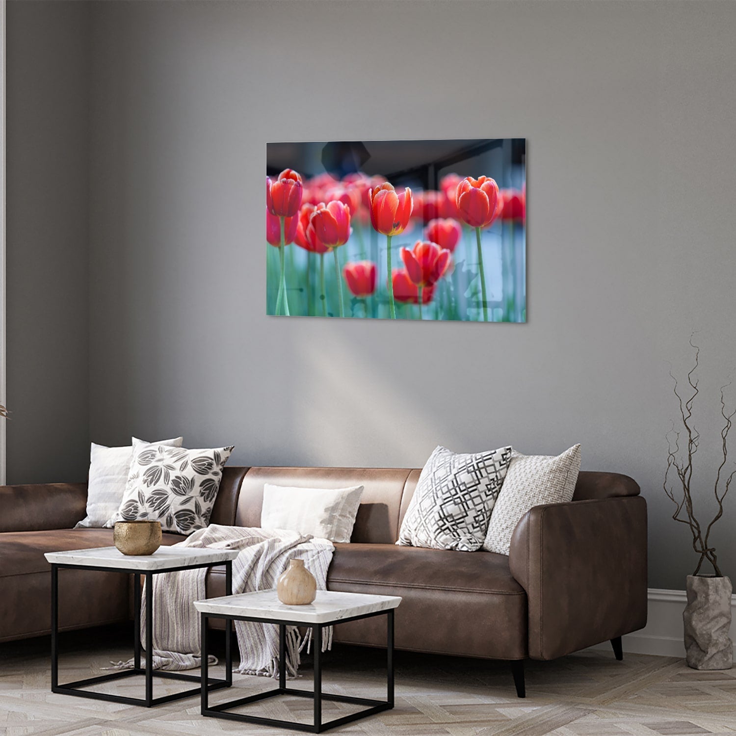 Glasbild – Lebendige rote Tulpen – Glasbild aus Sicherheitsglas, Größe 50x50_rond