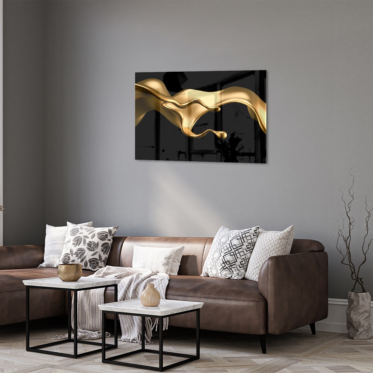 Abstraktes Glasbild mit goldener Welle für elegante Innenräume – Glasbild aus Sicherheitsglas, Größe 50x50_rond