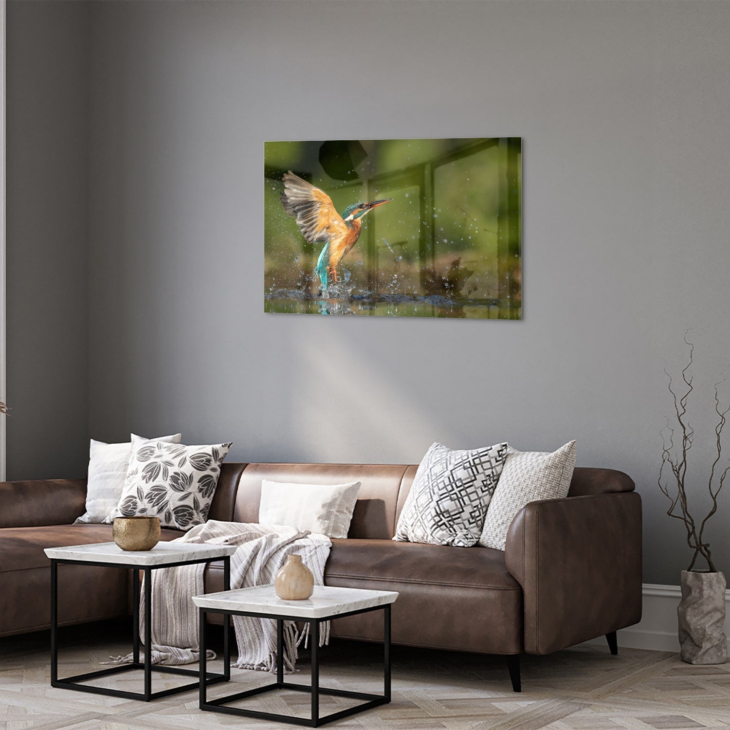 Glasbild mit einem farbenfrohen Eisvogel – Glasbild aus Sicherheitsglas, Größe 50x50_rond