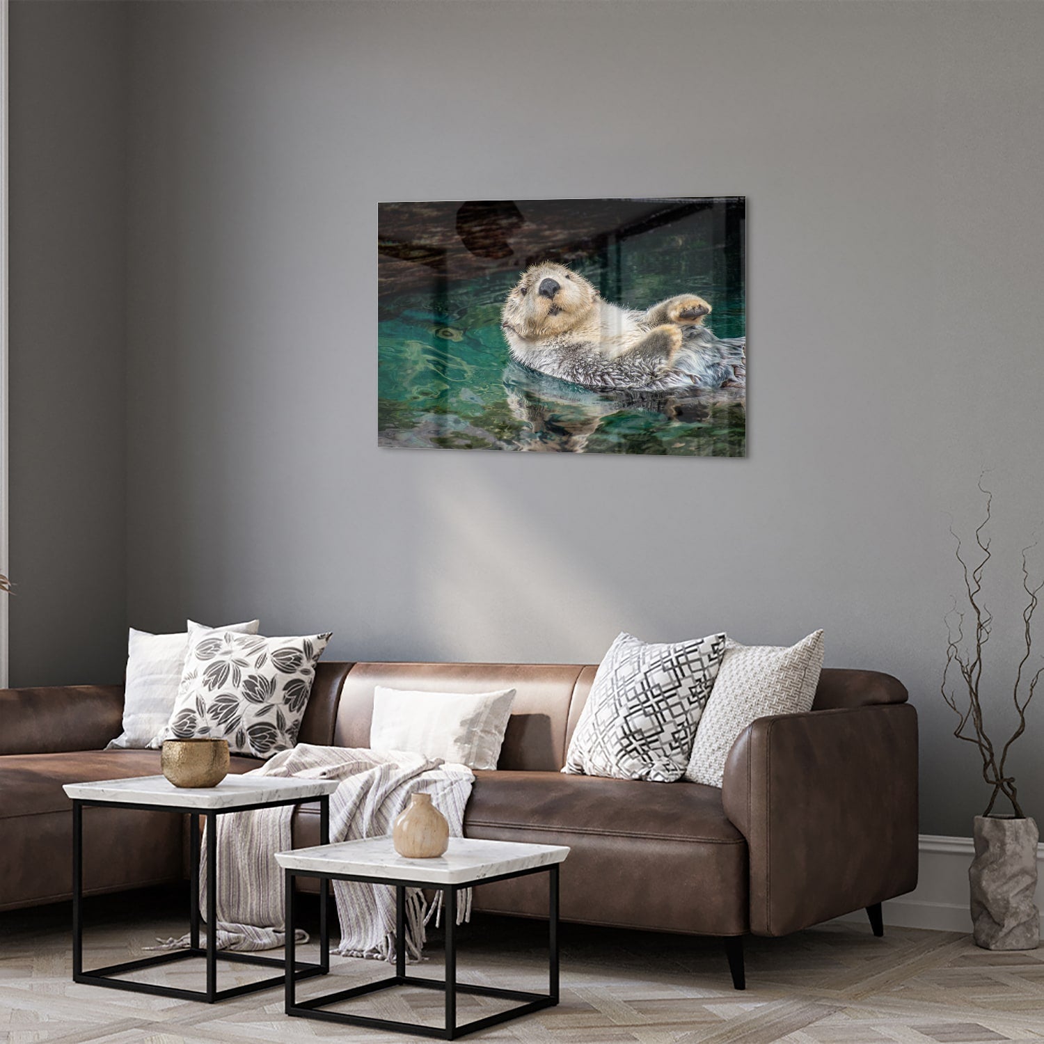 Glasbild mit schwimmendem Seeotter – Glasbild aus Sicherheitsglas, Größe 50x50_rond