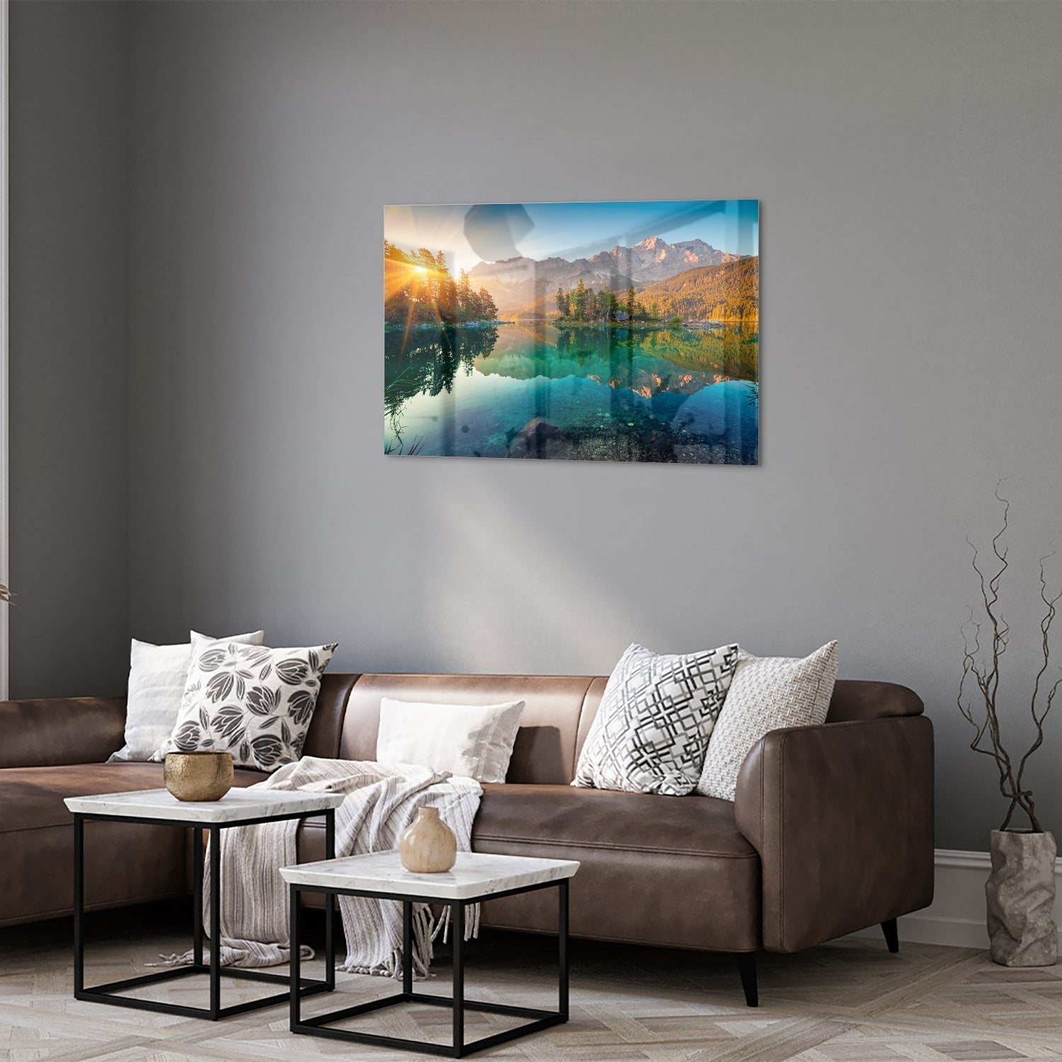 Wunderschönes Glasbild mit Berglandschaft und See – Glasbild aus Sicherheitsglas, Größe 50x50_rond