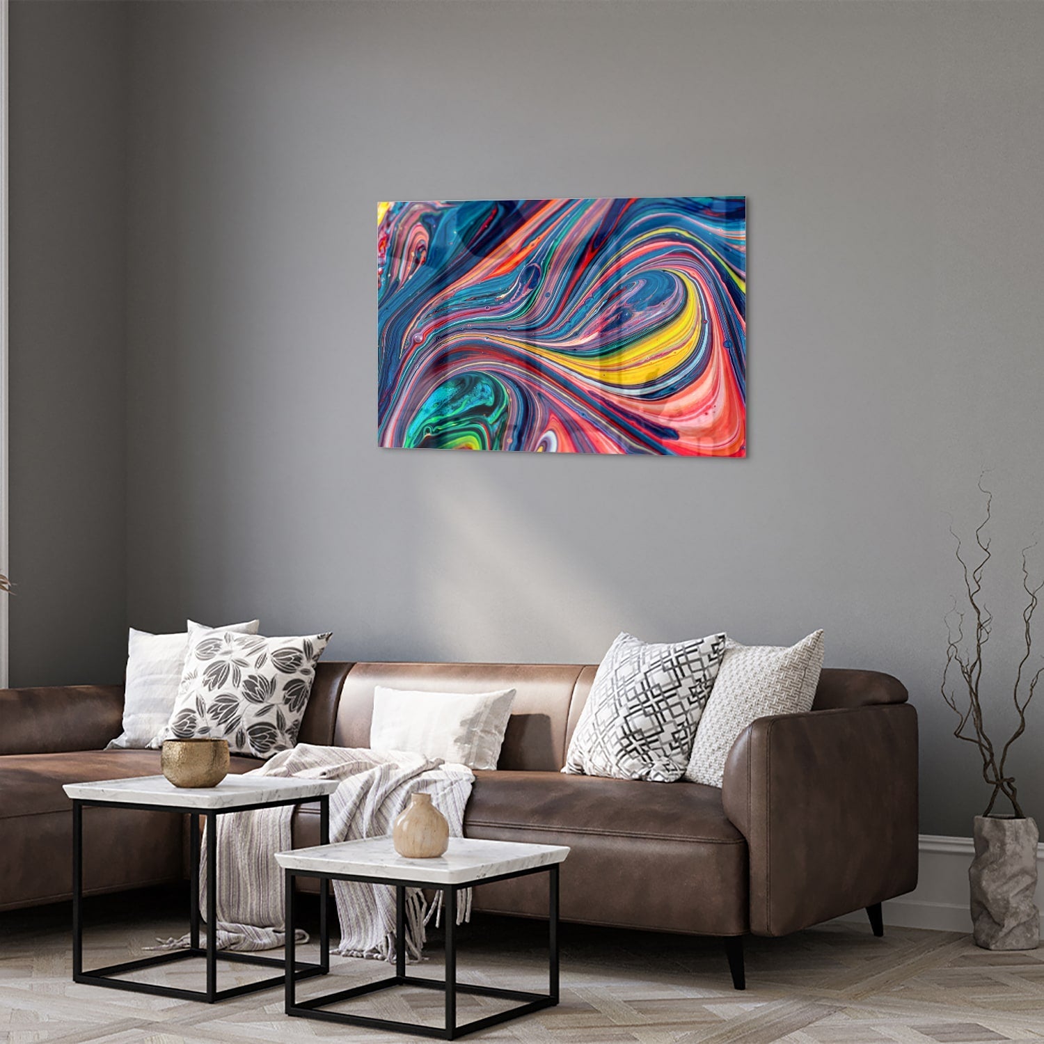 Farbenfrohes abstraktes Glasbild für ein modernes Interieur – Glasbild aus Sicherheitsglas, Größe 50x50_rond