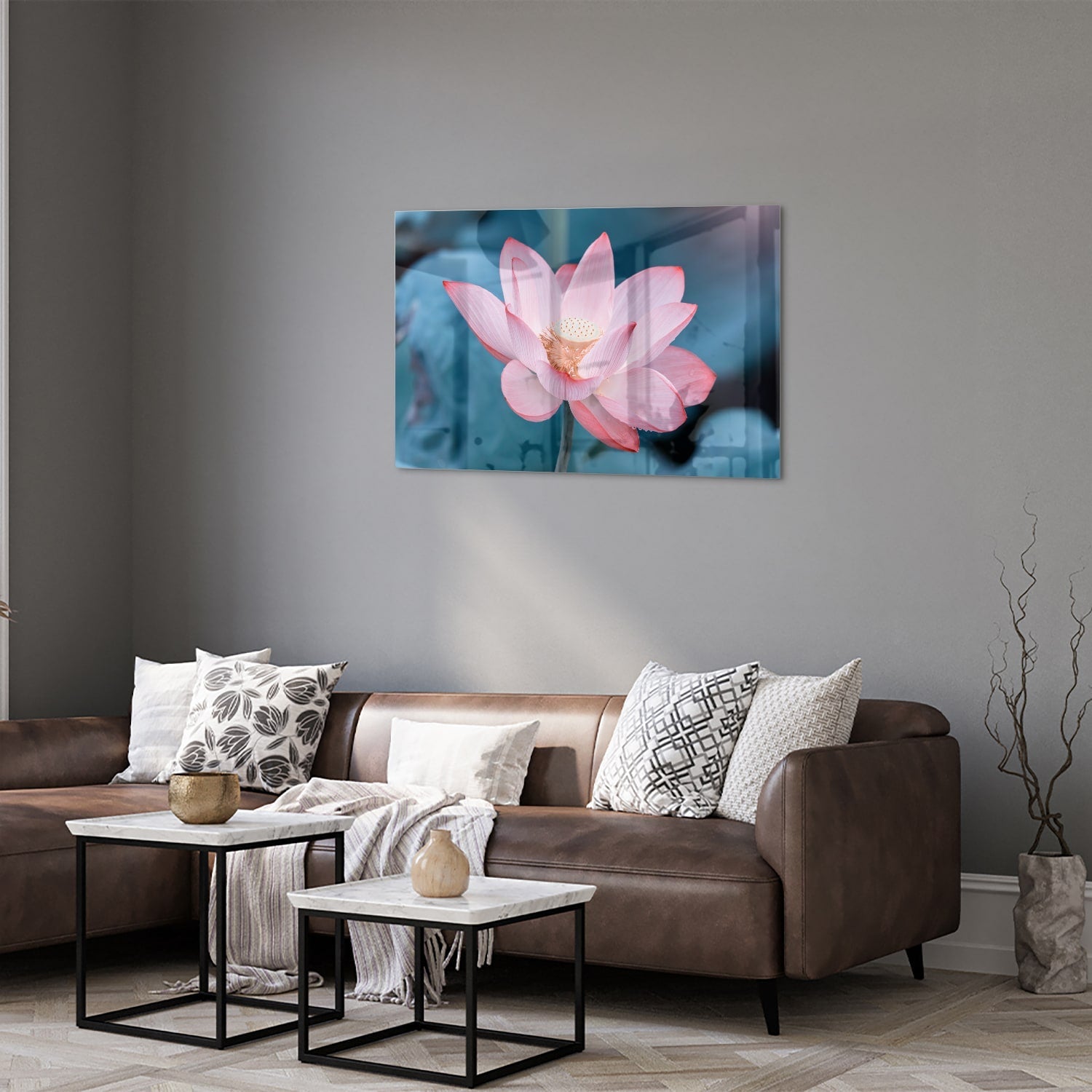 Wunderschönes Glasbild mit rosa Lotus – Glasbild aus Sicherheitsglas, Größe 50x50_rond