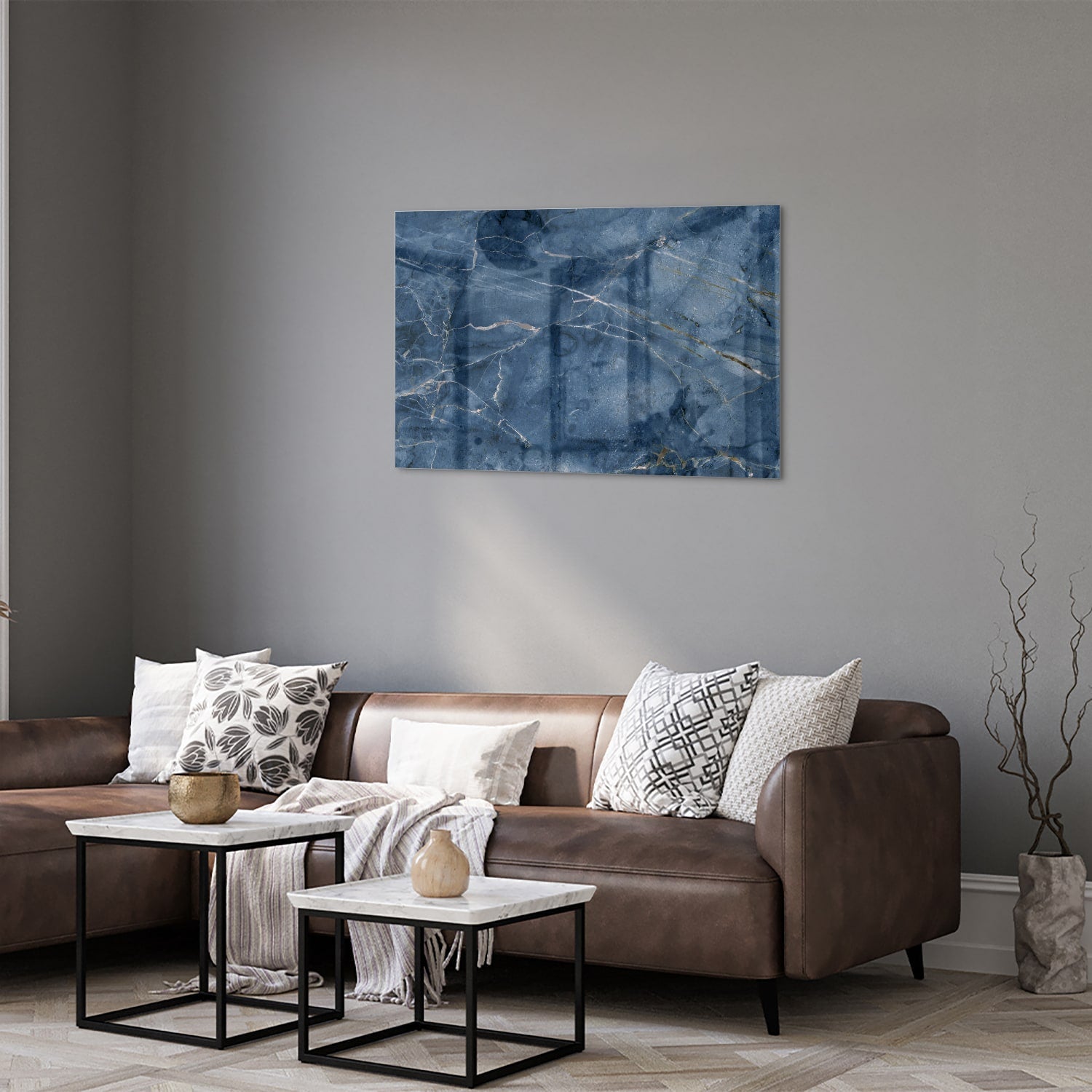 Blaues Glasbild mit Marmoroptik – Glasbild aus Sicherheitsglas, Größe 50x50_rond