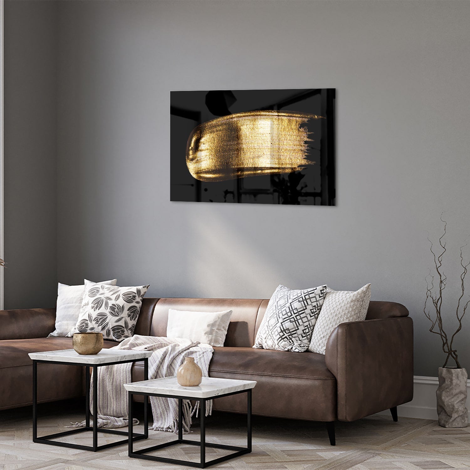 Goldenes abstraktes Glasbild auf schwarzem Hintergrund – Glasbild aus Sicherheitsglas, Größe 50x50_rond