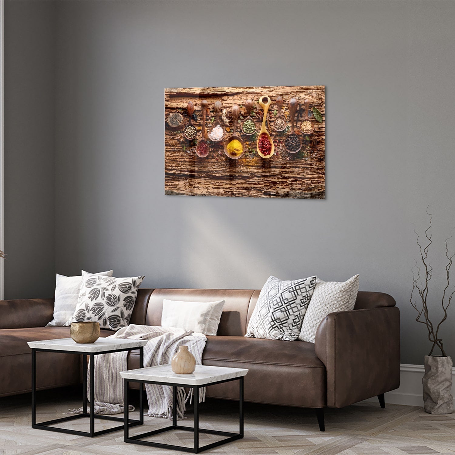 Buntes Glasbild mit Gewürzen und Löffelmotiven – Glasbild aus Sicherheitsglas, Größe 50x50_rond
