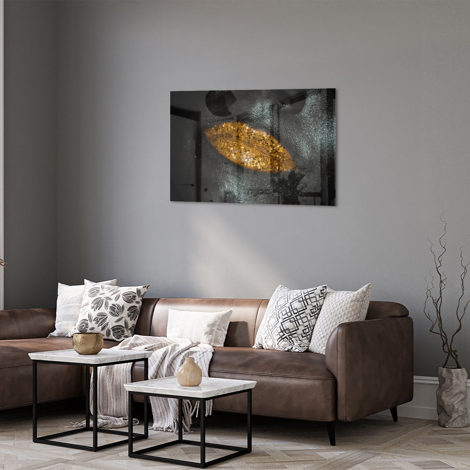 Glasbild mit goldenem Blatt für Ihr Interieur – Glasbild aus Sicherheitsglas, Größe 50x50_rond