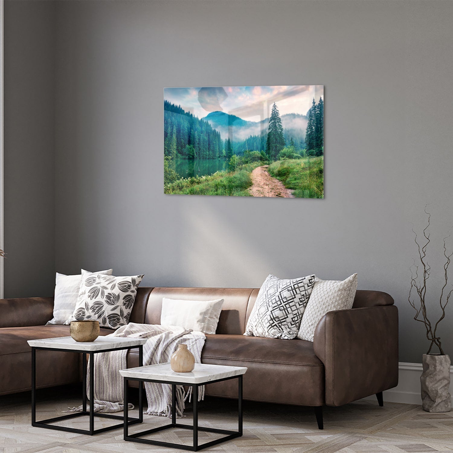 Stimmungsvolles Glasbild mit einer Berglandschaft – Glasbild aus Sicherheitsglas, Größe 50x50_rond