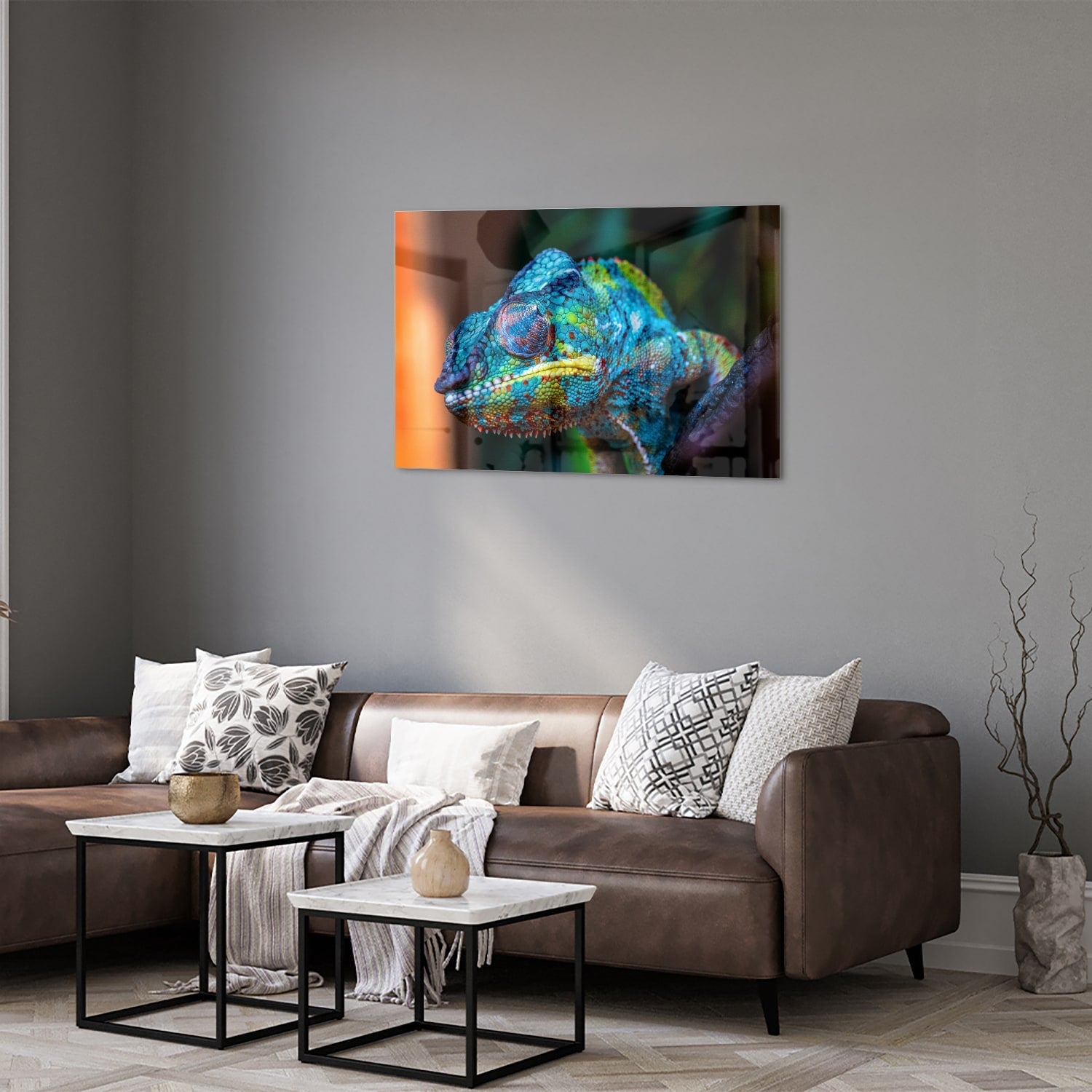 Farbenfrohes Chamäleon-Glasbild für Ihr Interieur – Glasbild aus Sicherheitsglas, Größe 50x50_rond