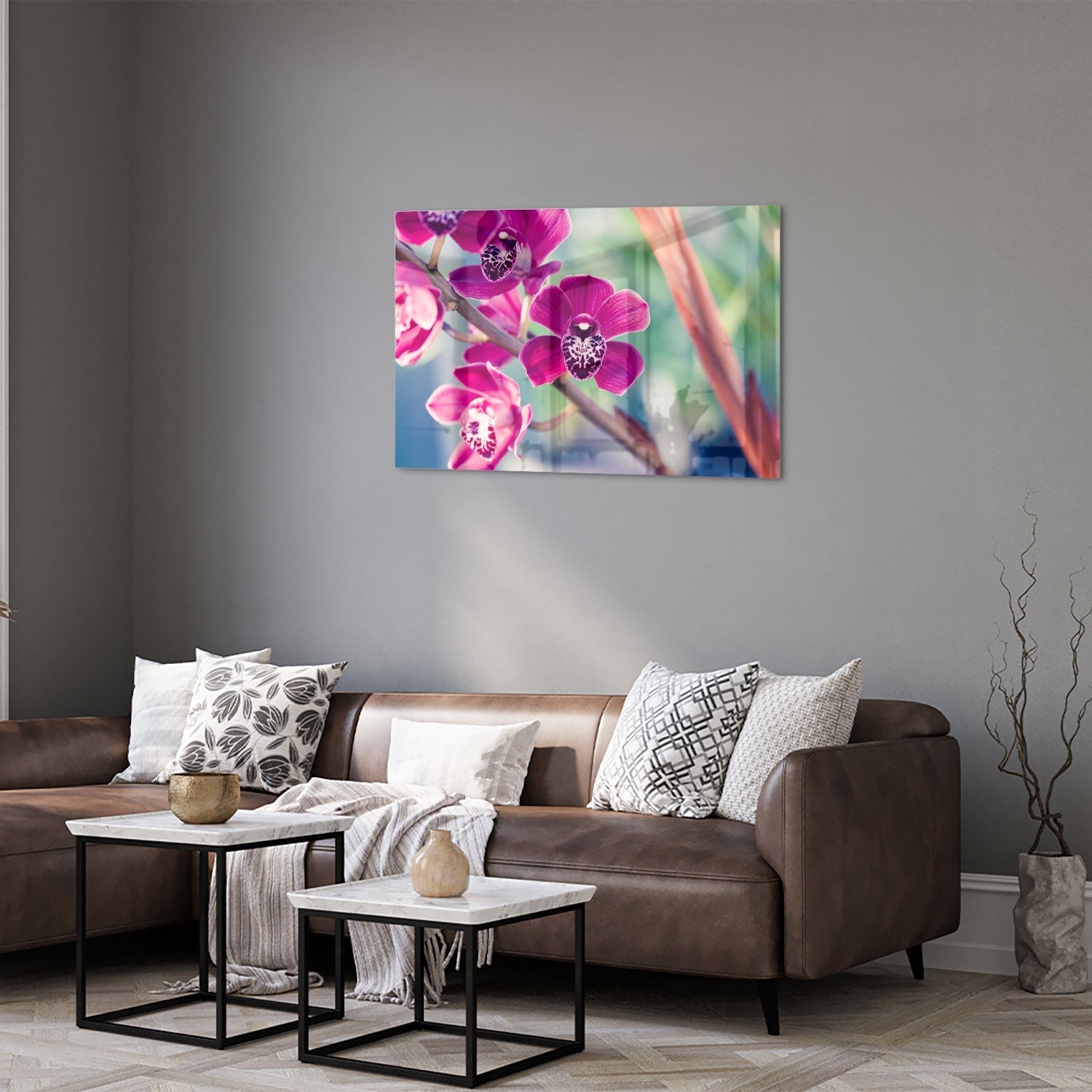 Wunderschönes Glasbild mit violetten Orchideen – Glasbild aus Sicherheitsglas, Größe 50x50_rond