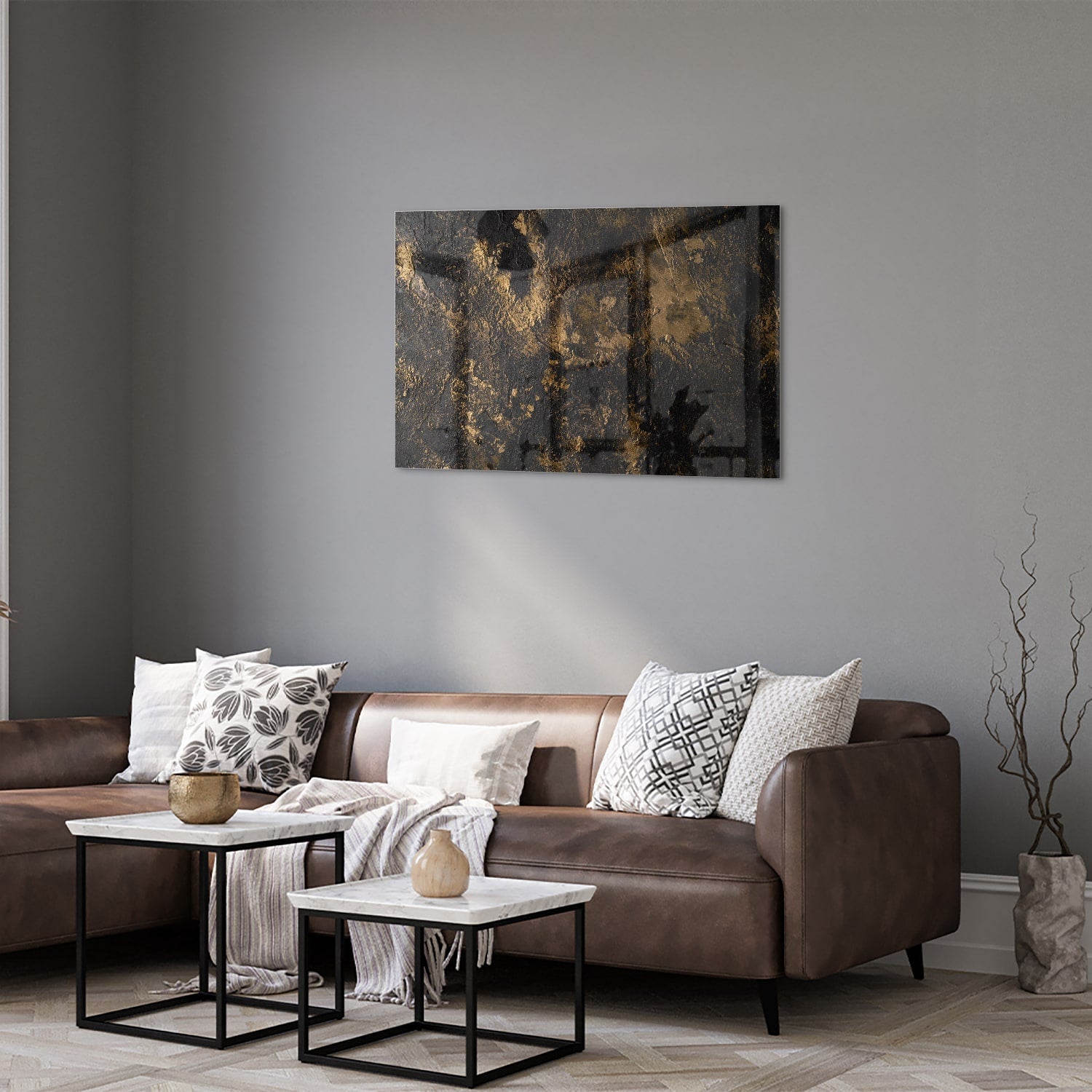 Modernes Glasbild mit goldenen Akzenten – Glasbild aus Sicherheitsglas, Größe 50x50_rond