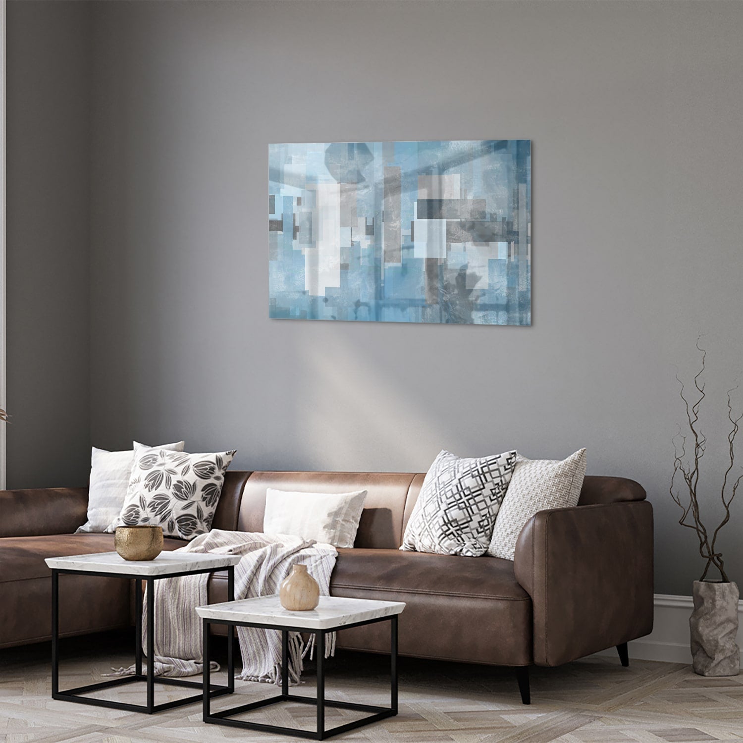 Abstraktes Glasbild in Blau und Grau – Glasbild aus Sicherheitsglas, Größe 50x50_rond