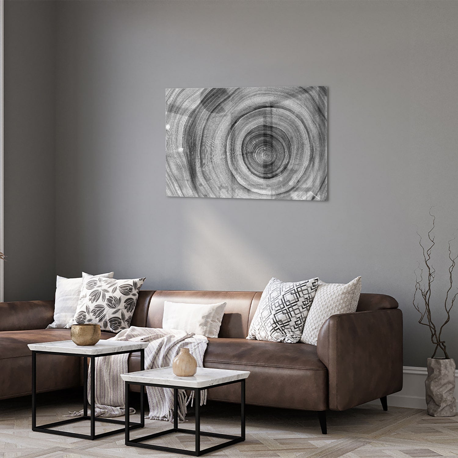 Abstraktes graues Glasbild mit Kreisen – Glasbild aus Sicherheitsglas, Größe 50x50_rond