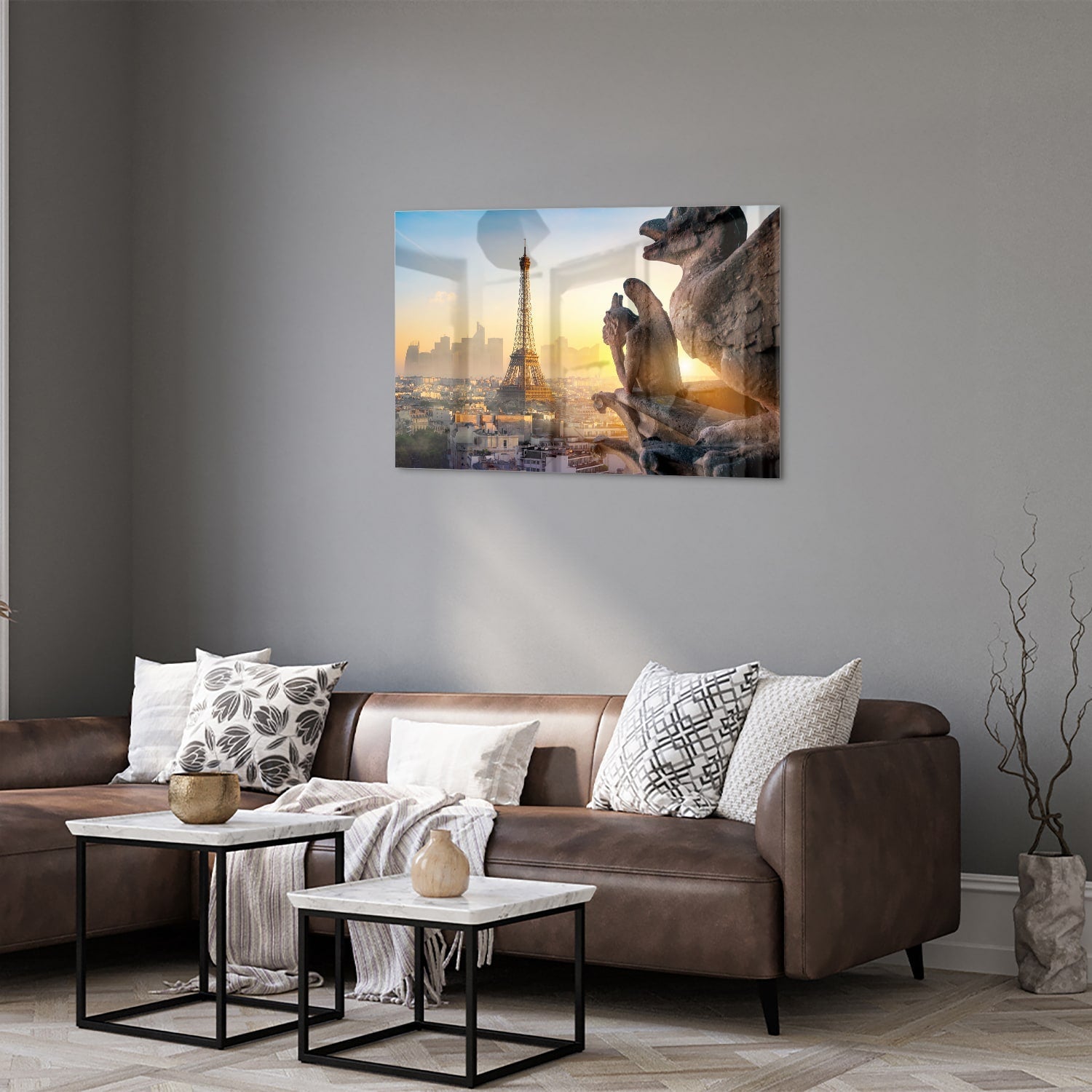 Glasbild mit dem Eiffelturm bei Sonnenuntergang – Glasbild aus Sicherheitsglas, Größe 50x50_rond
