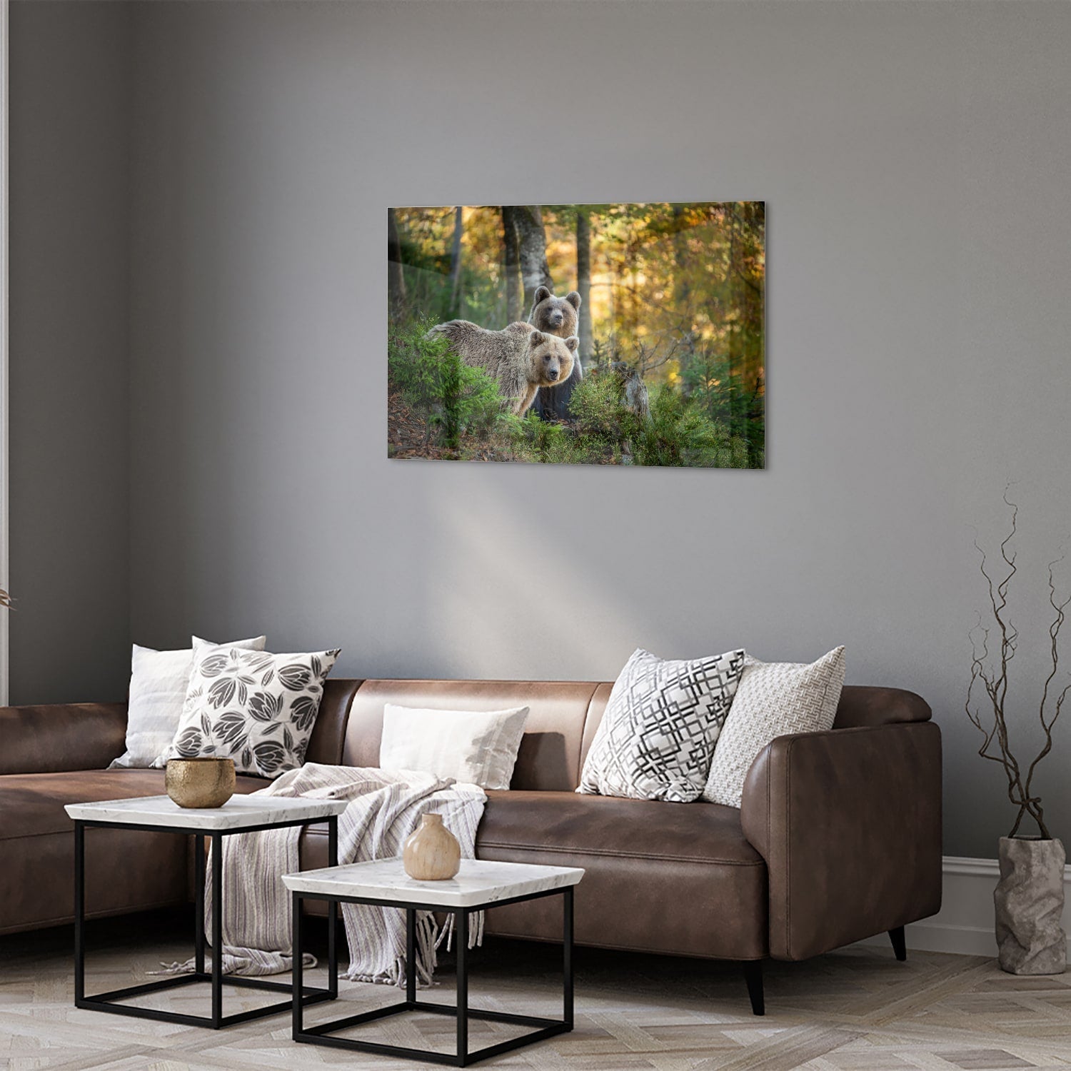 Glasbild mit zwei niedlichen Bären im Wald – Glasbild aus Sicherheitsglas, Größe 50x50_rond