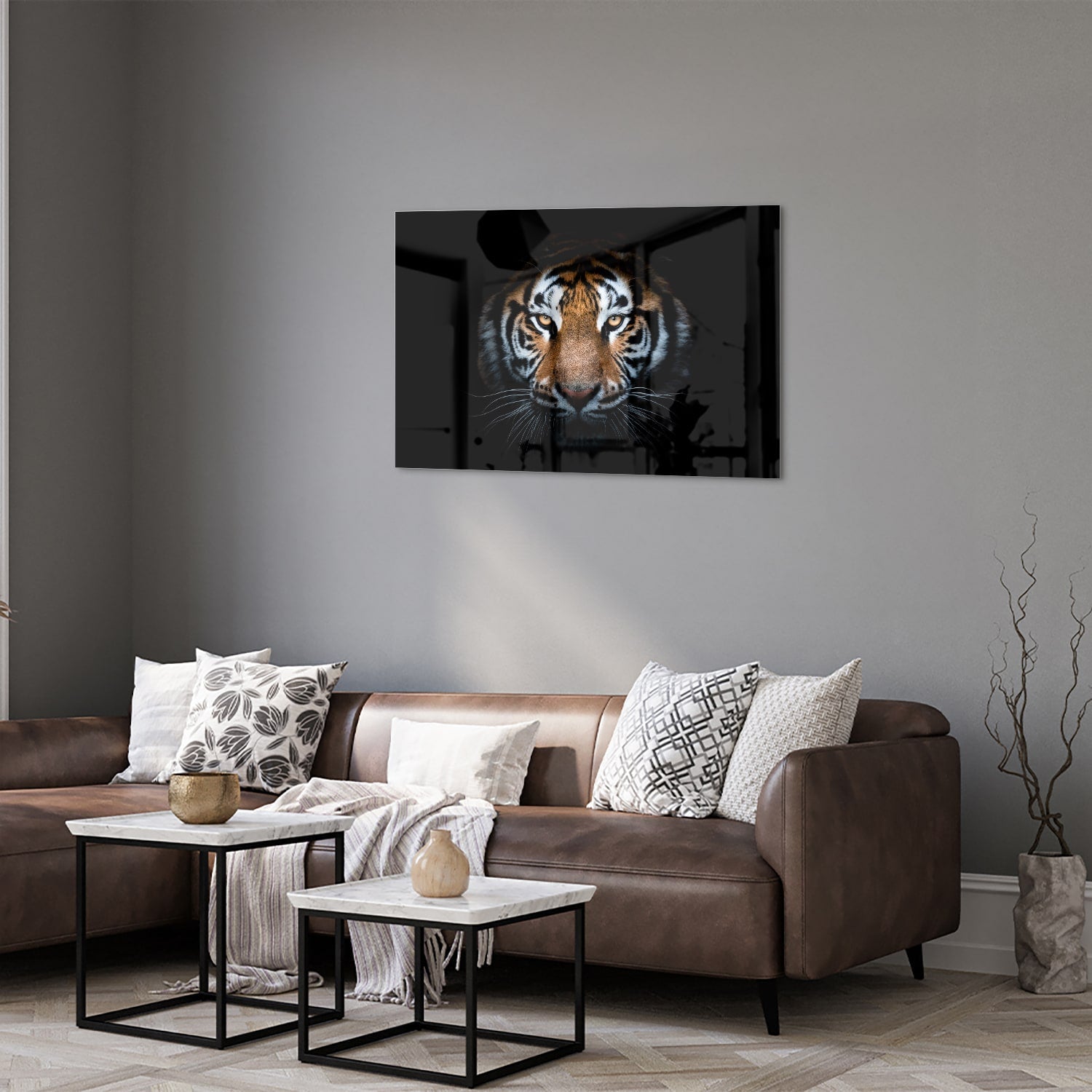 Beeindruckendes Glasbild mit einem Tigergesicht – Glasbild aus Sicherheitsglas, Größe 50x50_rond