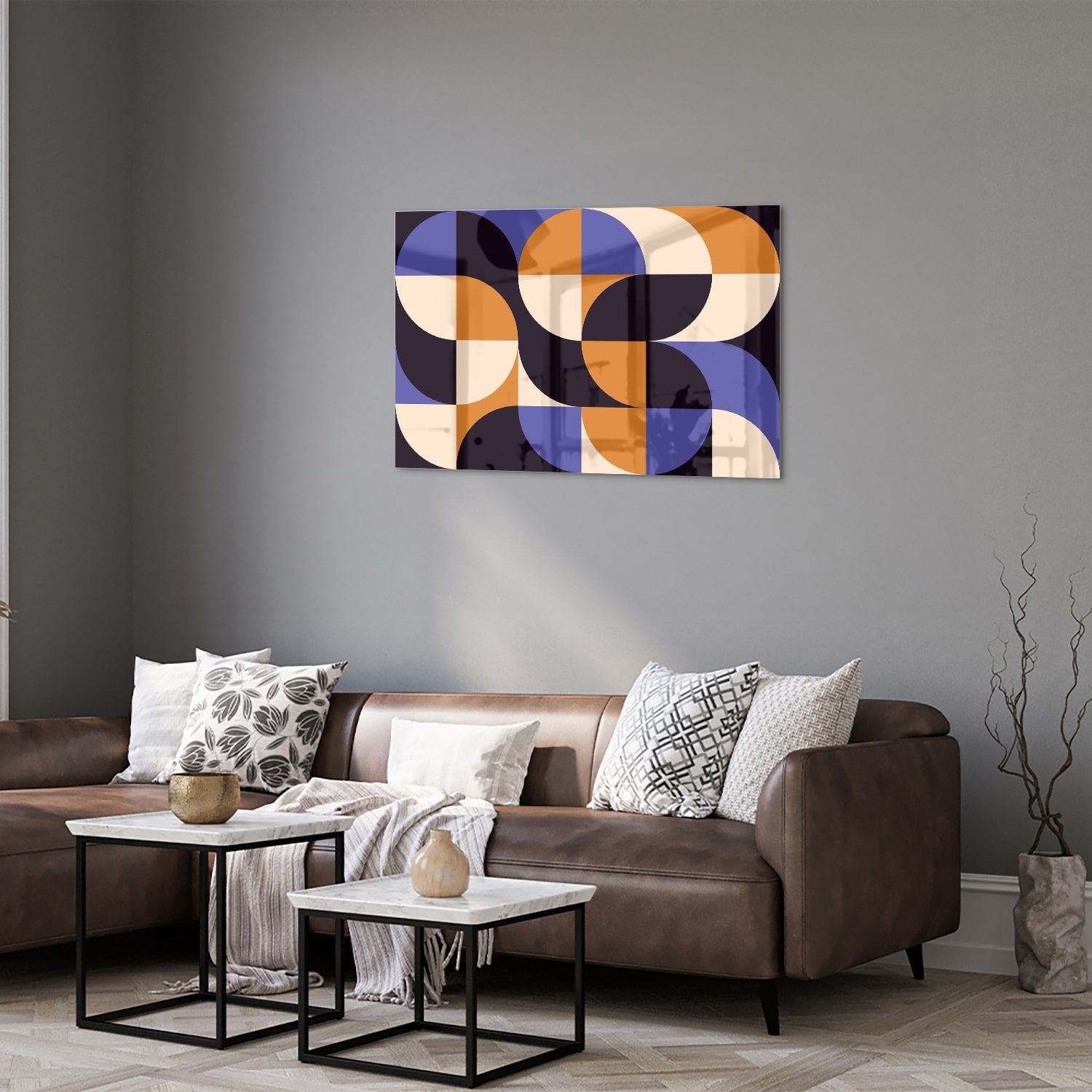 Abstraktes Glasbild in blauen und Orangetönen – Glasbild aus Sicherheitsglas, Größe 50x50_rond