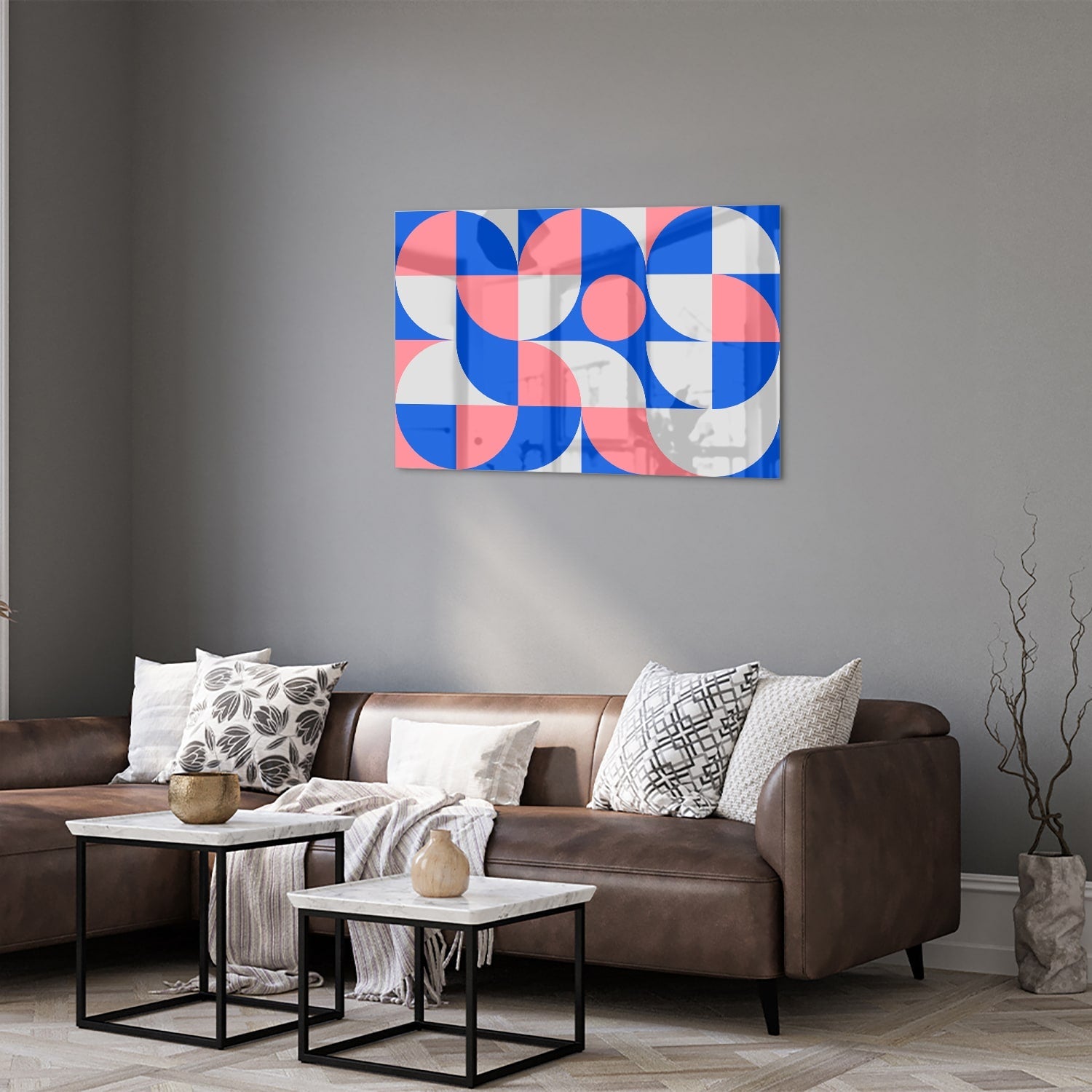 Abstraktes Glasbild mit blauen und rosa Farbtönen – Glasbild aus Sicherheitsglas, Größe 50x50_rond