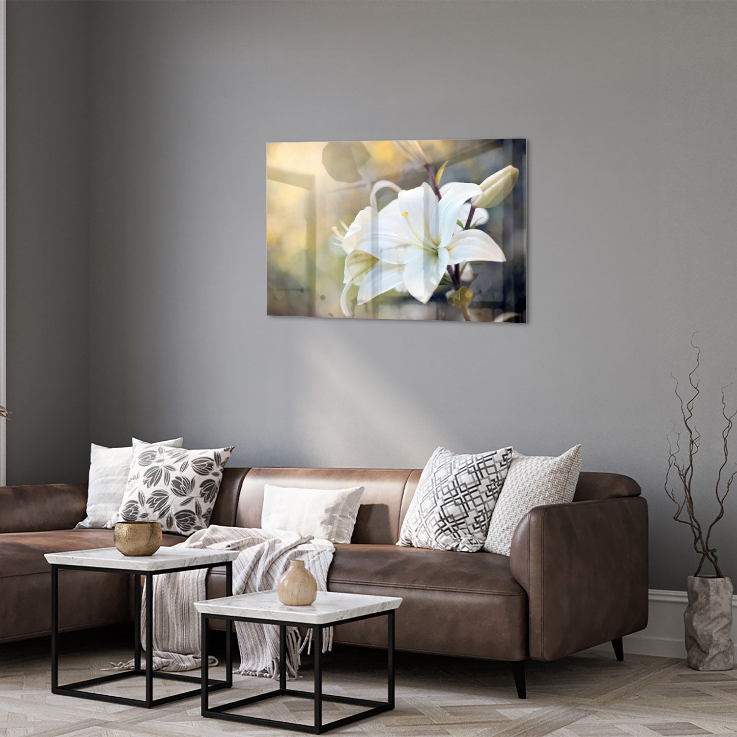 Elegantes Glasbild mit weißer Lilie – Glasbild aus Sicherheitsglas, Größe 50x50_rond