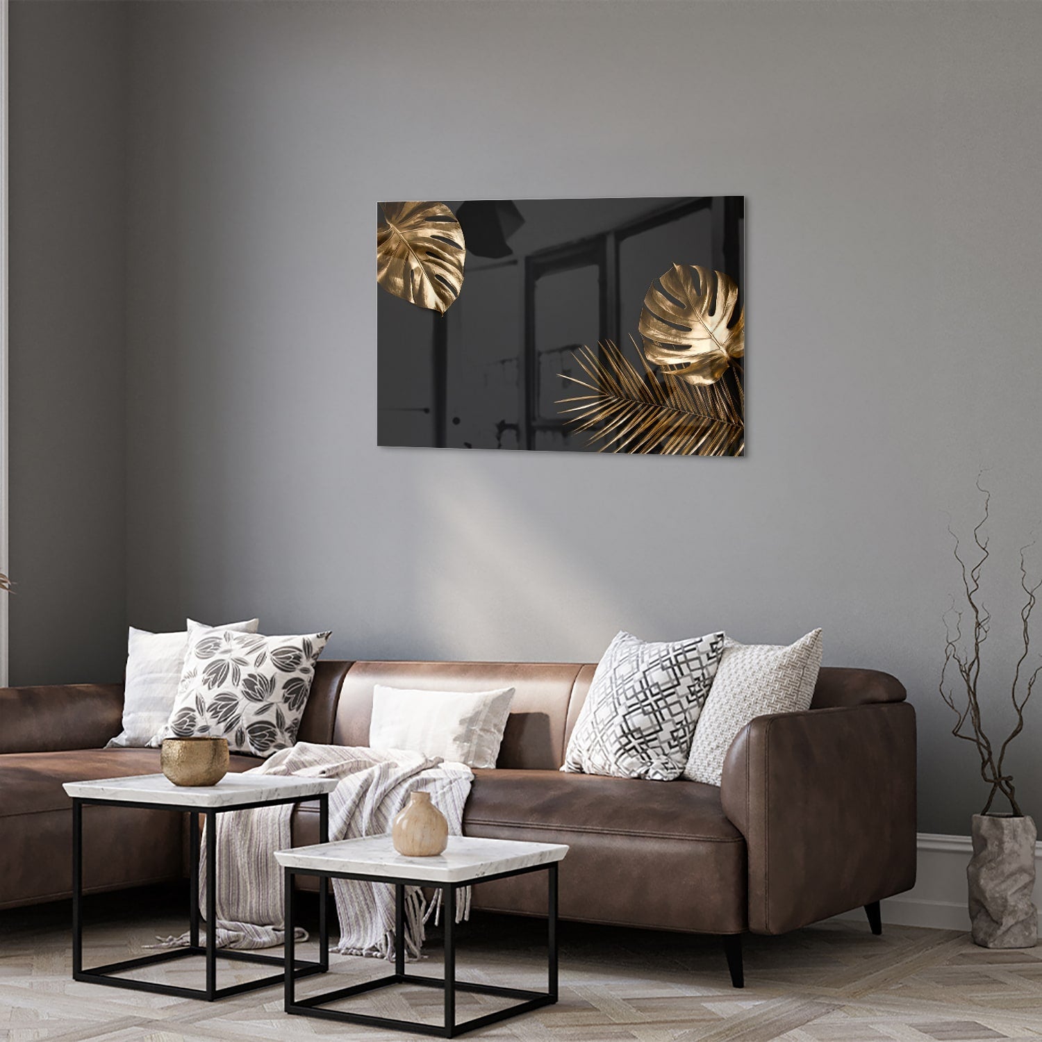 Glänzendes Glasbild mit goldenen Blättern – Glasbild aus Sicherheitsglas, Größe 50x50_rond