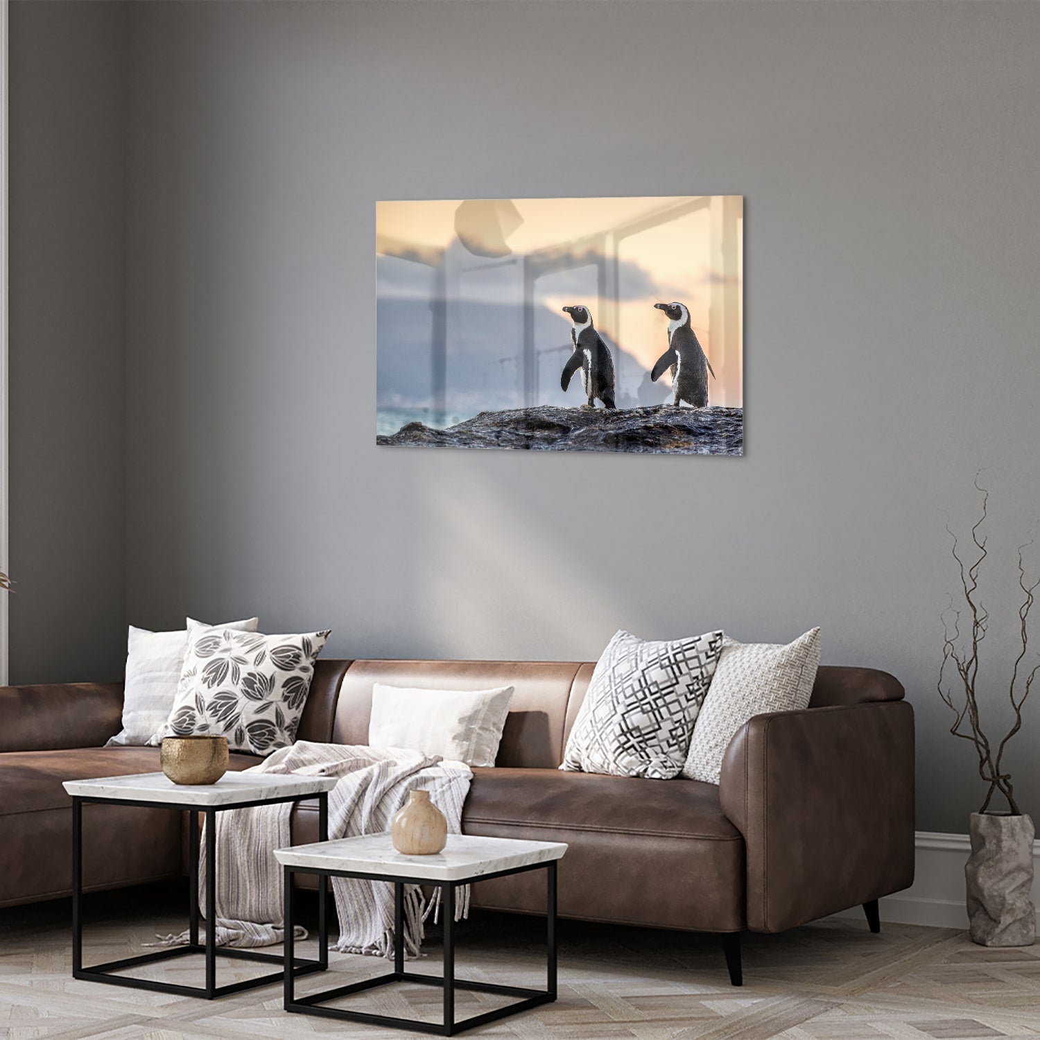 Glasbild mit Pinguinen bei Sonnenuntergang – Glasbild aus Sicherheitsglas, Größe 50x50_rond