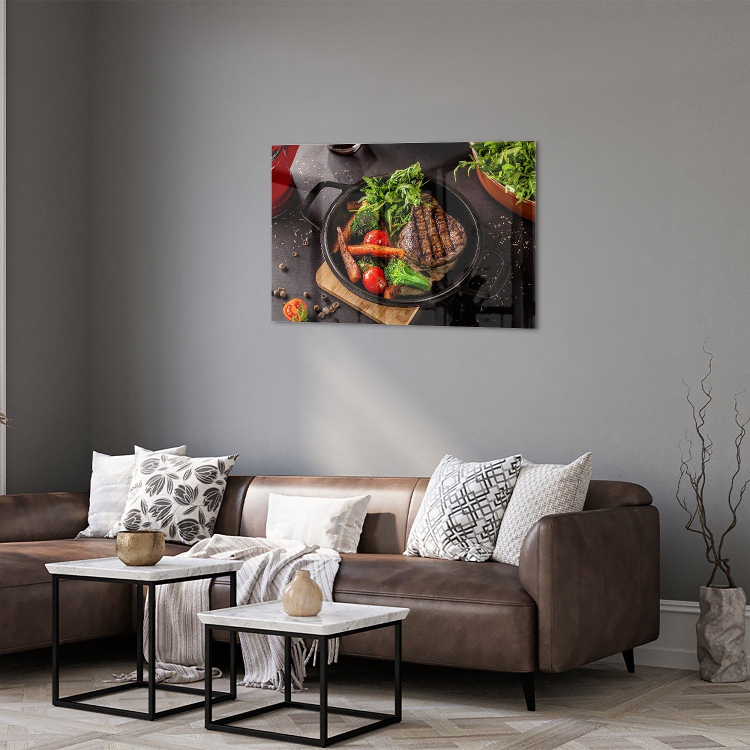 Glasbild mit köstlichen gegrillten Speisen – Glasbild aus Sicherheitsglas, Größe 50x50_rond