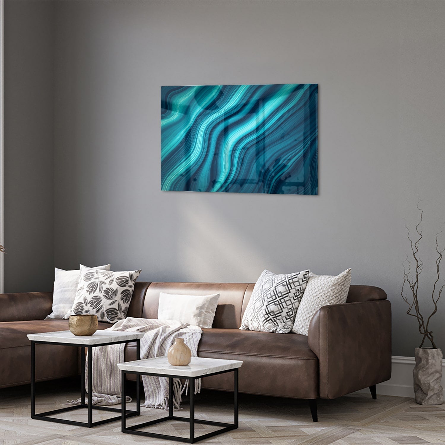 Stilvolles Glasbild mit blauen Wellen – Glasbild aus Sicherheitsglas, Größe 50x50_rond