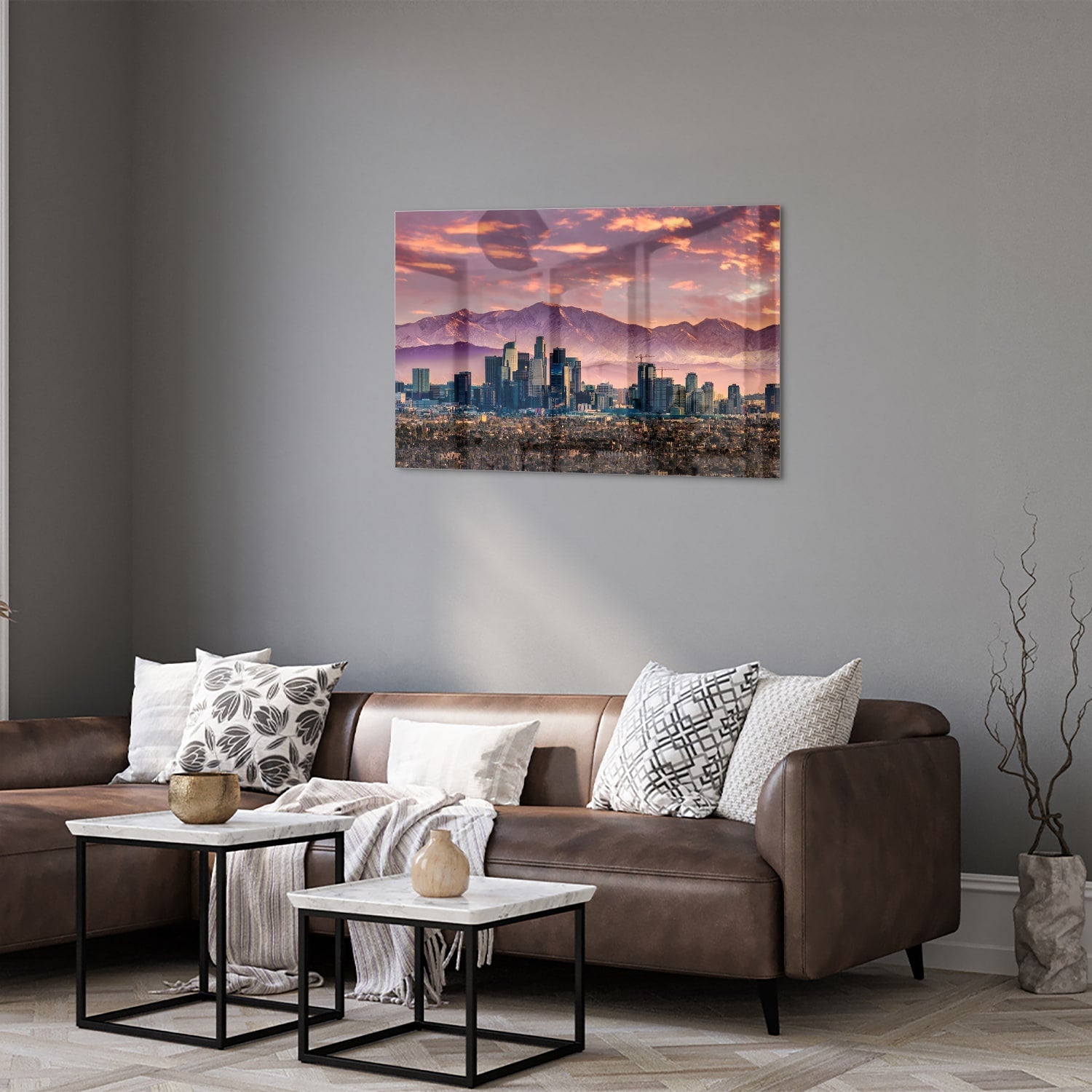 Glasbild Stadtpanorama bei Sonnenuntergang – Glasbild aus Sicherheitsglas, Größe 50x50_rond