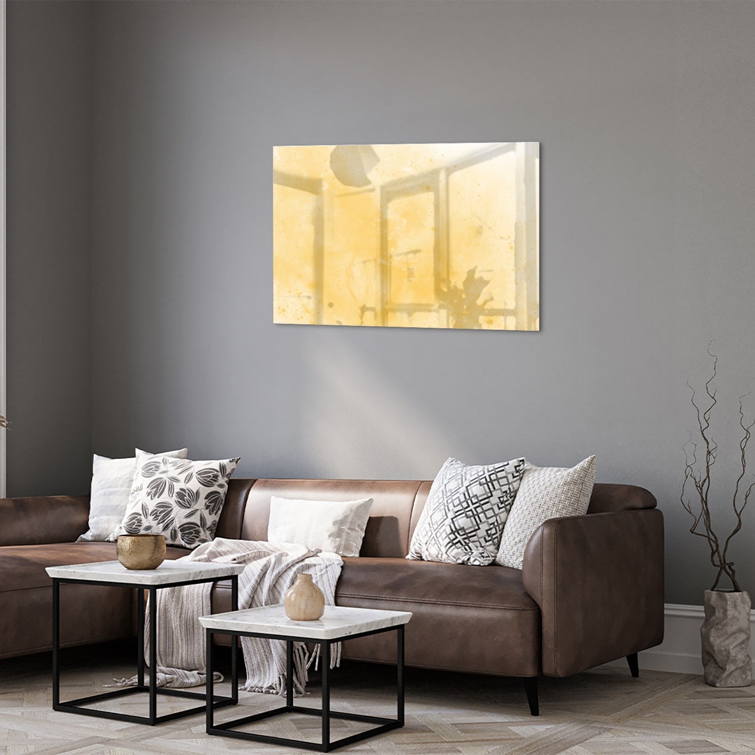 Goldenes abstraktes Glasbild für moderne Innenräume – Glasbild aus Sicherheitsglas, Größe 50x50_rond