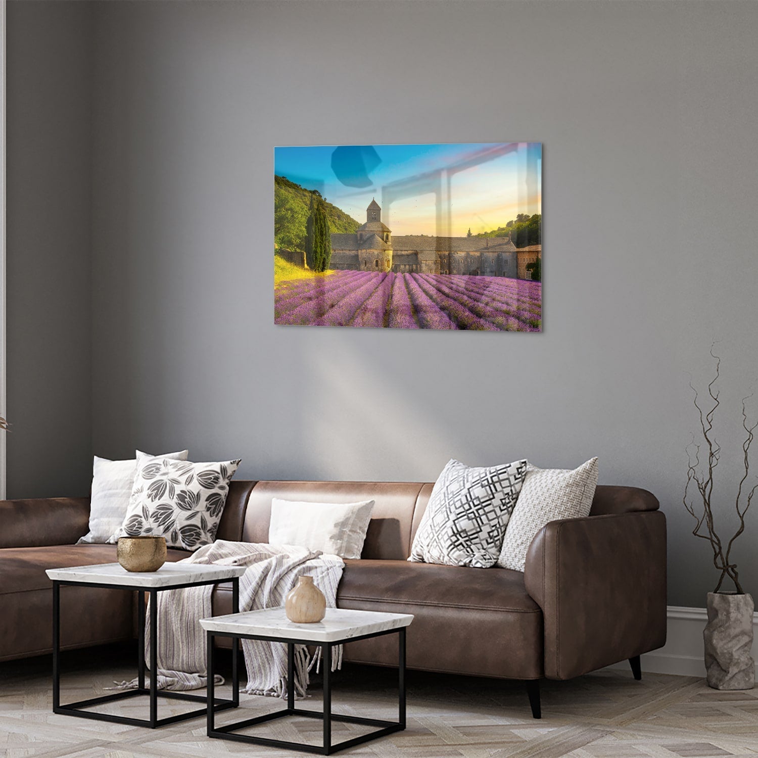 Wunderschönes Glasbild mit Lavendelfeldern – Glasbild aus Sicherheitsglas, Größe 50x50_rond