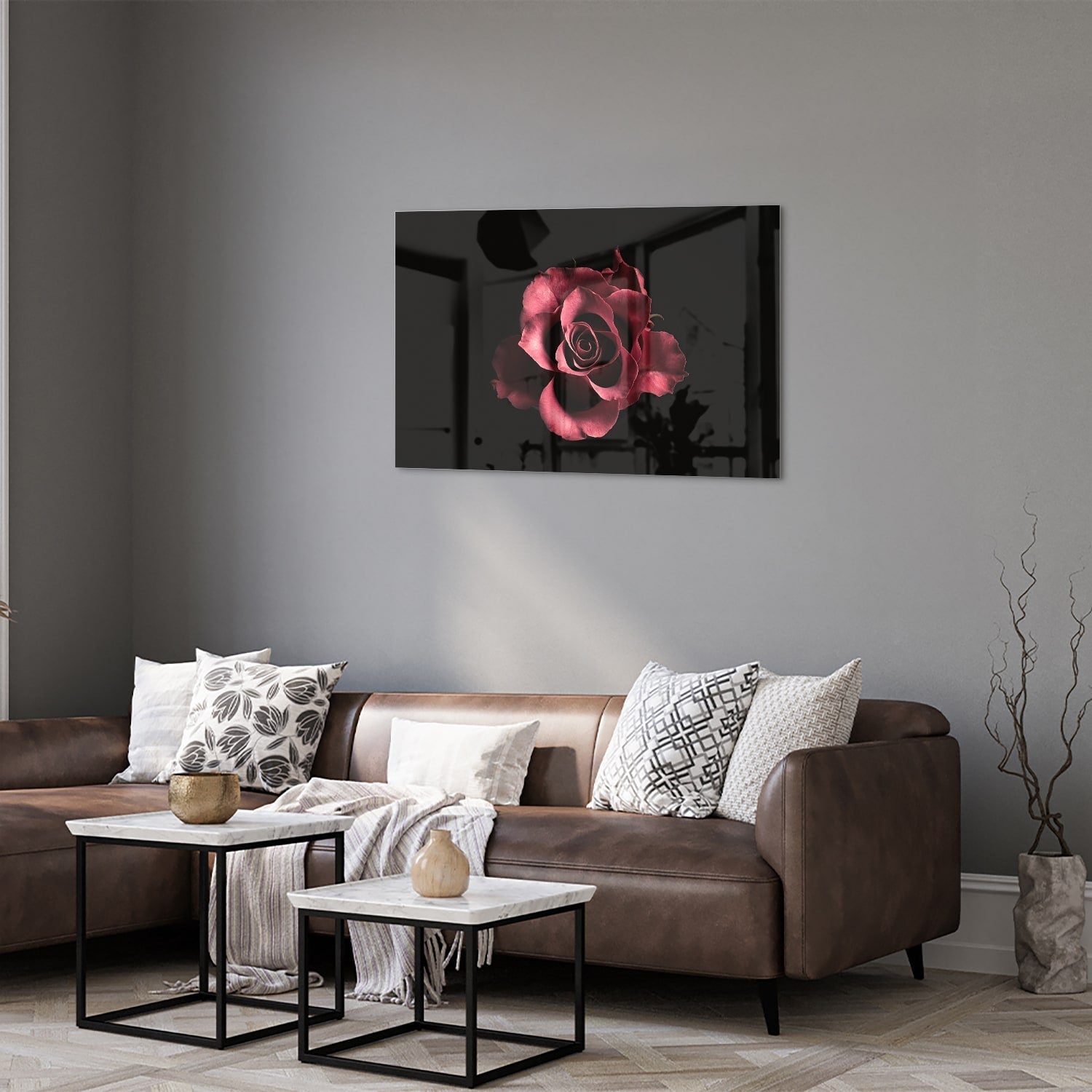 Elegantes Glasbild mit Rosen auf schwarzem Hintergrund – Glasbild aus Sicherheitsglas, Größe 50x50_rond