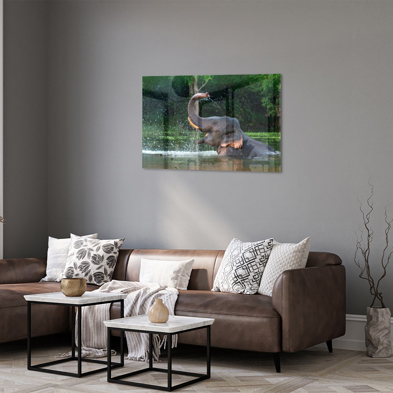Wunderschönes Glasbild mit einem Elefanten im Wasser – Glasbild aus Sicherheitsglas, Größe 50x50_rond