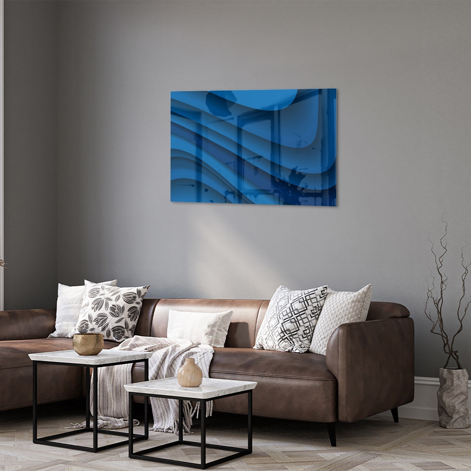 Modernes Glasbild in verschiedenen Blautönen – Glasbild aus Sicherheitsglas, Größe 50x50_rond