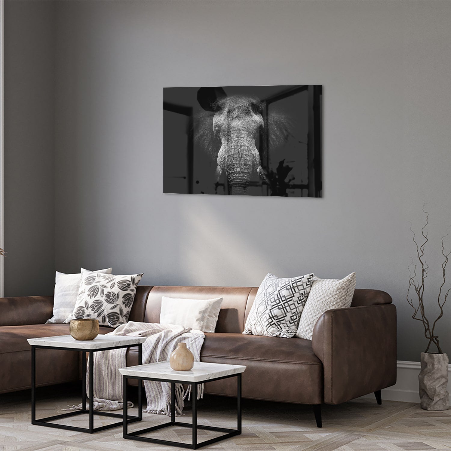 Beeindruckendes Glasbild mit einem Elefanten – Glasbild aus Sicherheitsglas, Größe 50x50_rond