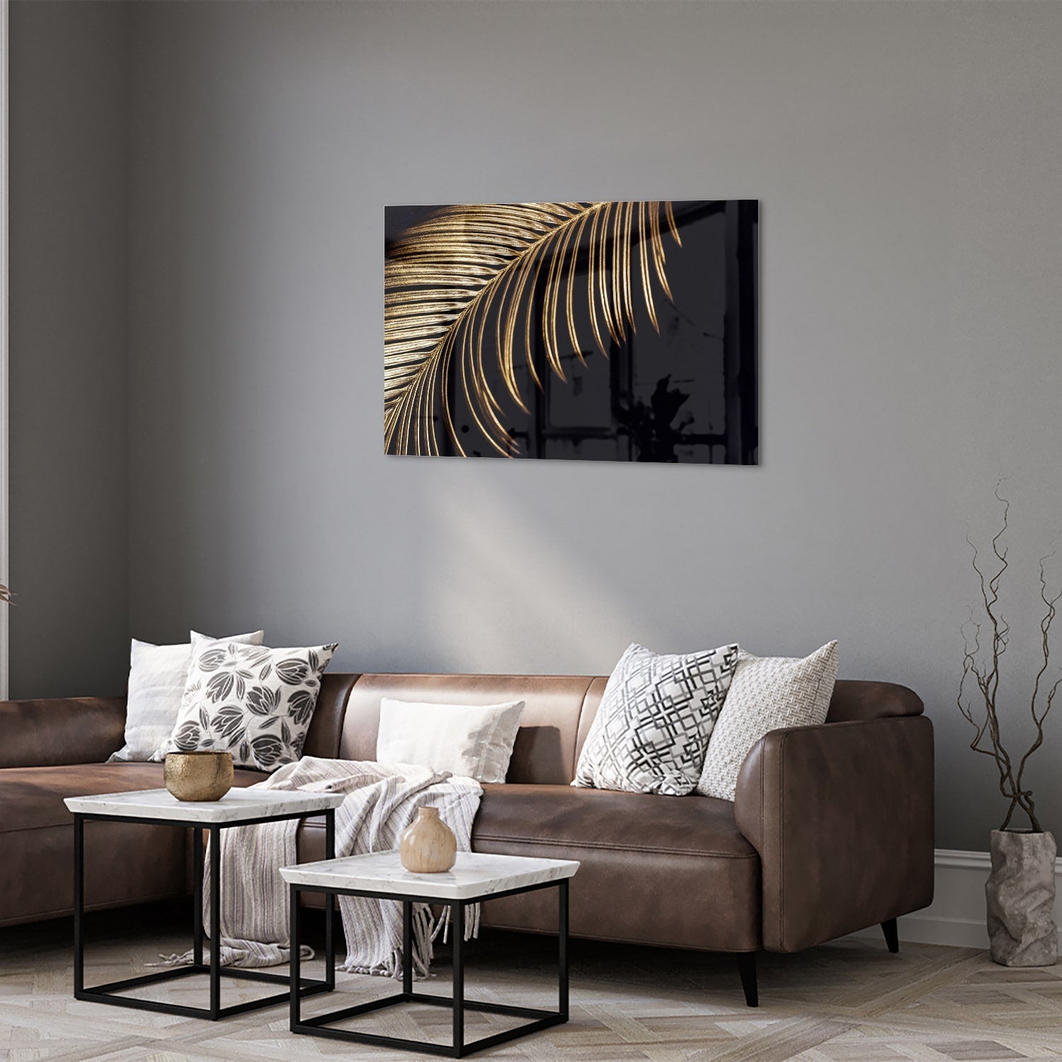 Goldfarbenes Glasbild mit Palmblatt auf schwarzem Hintergrund – Glasbild aus Sicherheitsglas, Größe 50x50_rond