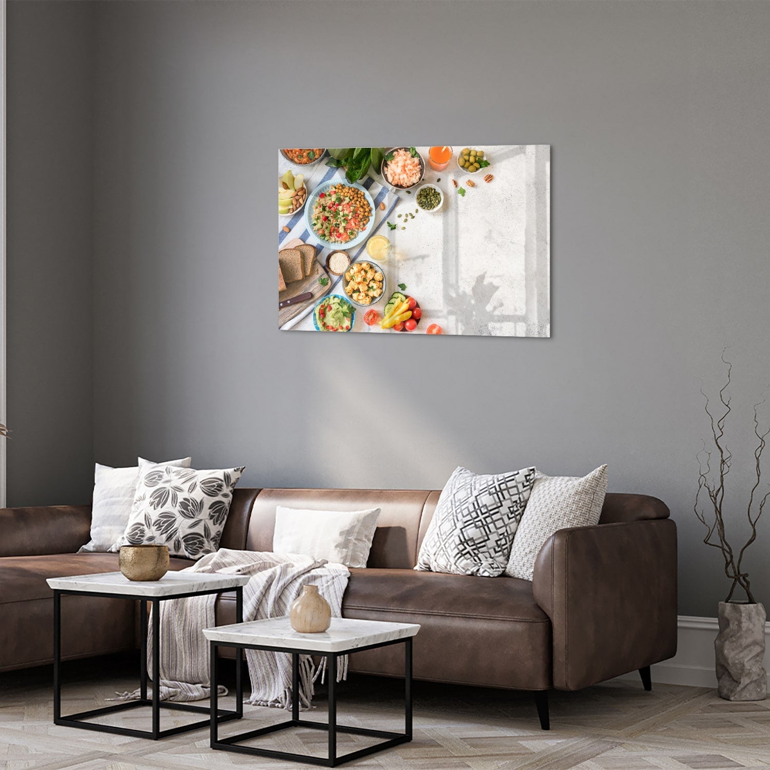 Farbenfrohes Glasbild mit frischen Speisen – Glasbild aus Sicherheitsglas, Größe 50x50_rond