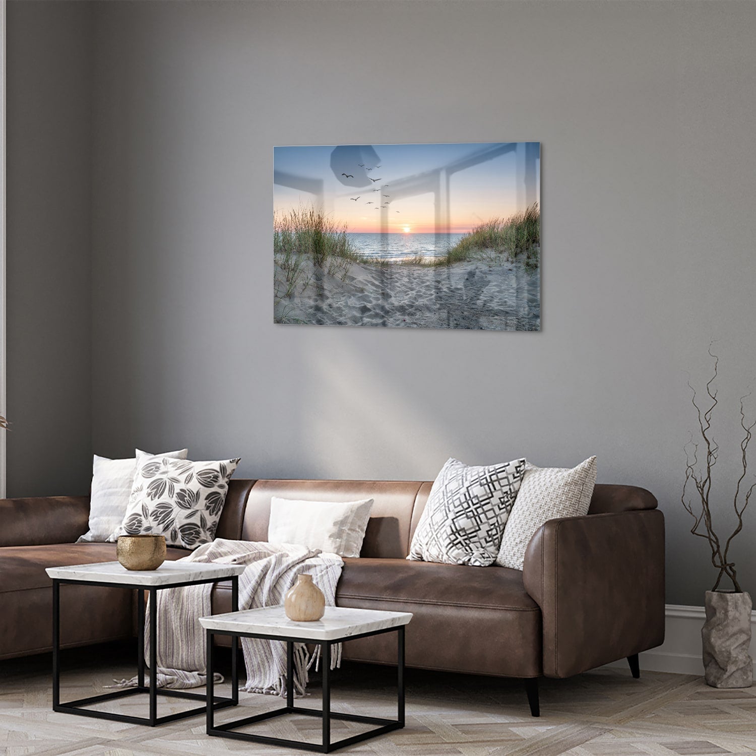 Glasbild mit ruhigem Sonnenuntergang am See – Glasbild aus Sicherheitsglas, Größe 50x50_rond