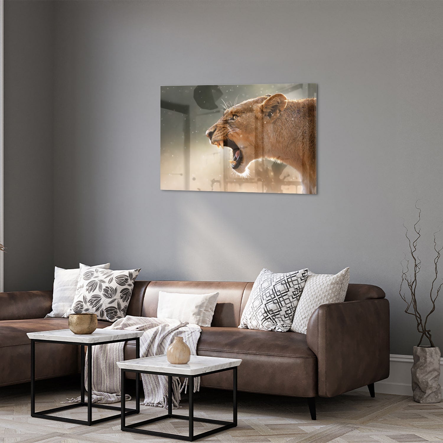 Beeindruckendes Glasbild mit einem brüllenden Löwen – Glasbild aus Sicherheitsglas, Größe 50x50_rond