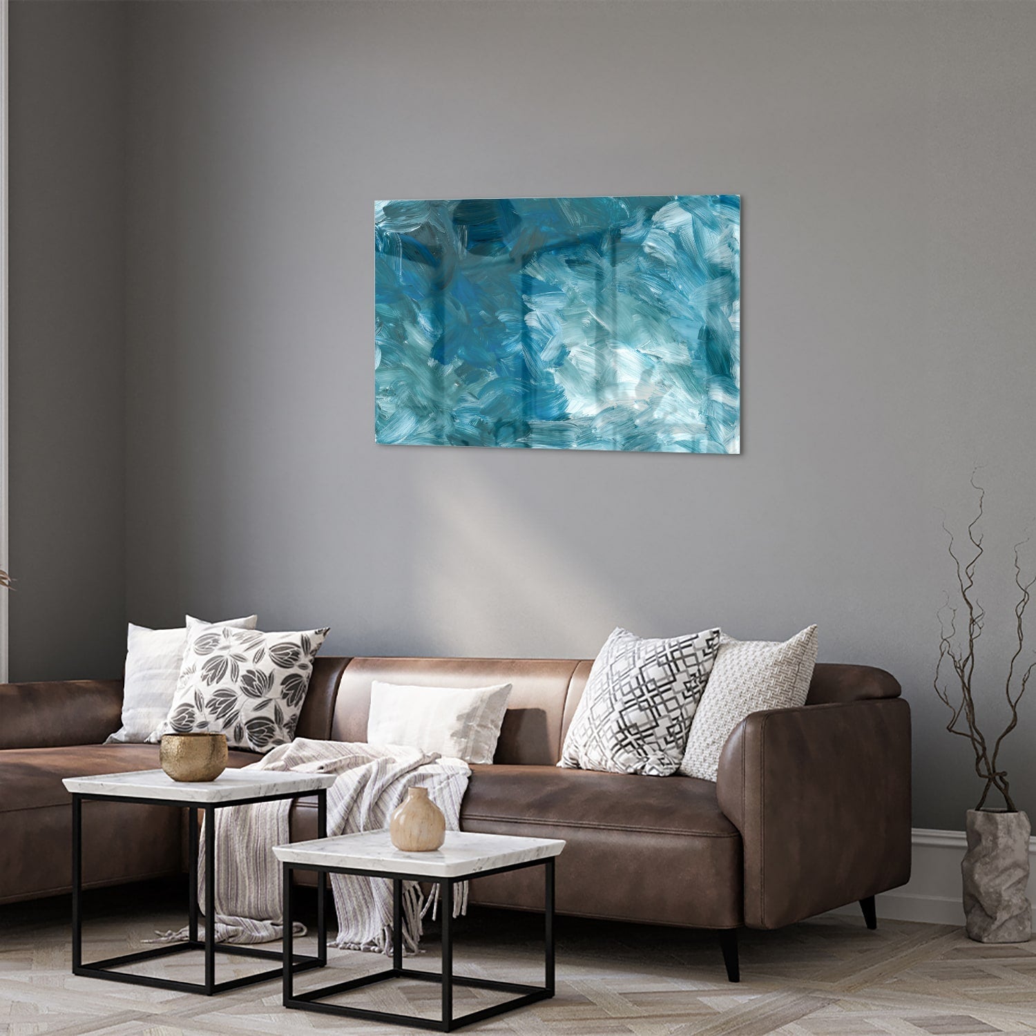 Abstraktes Glasbild in harmonischen Blautönen – Glasbild aus Sicherheitsglas, Größe 50x50_rond