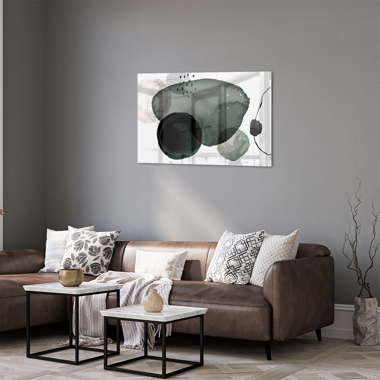 Abstraktes Glasbild in grünen Farbtönen – Glasbild aus Sicherheitsglas, Größe 50x50_rond