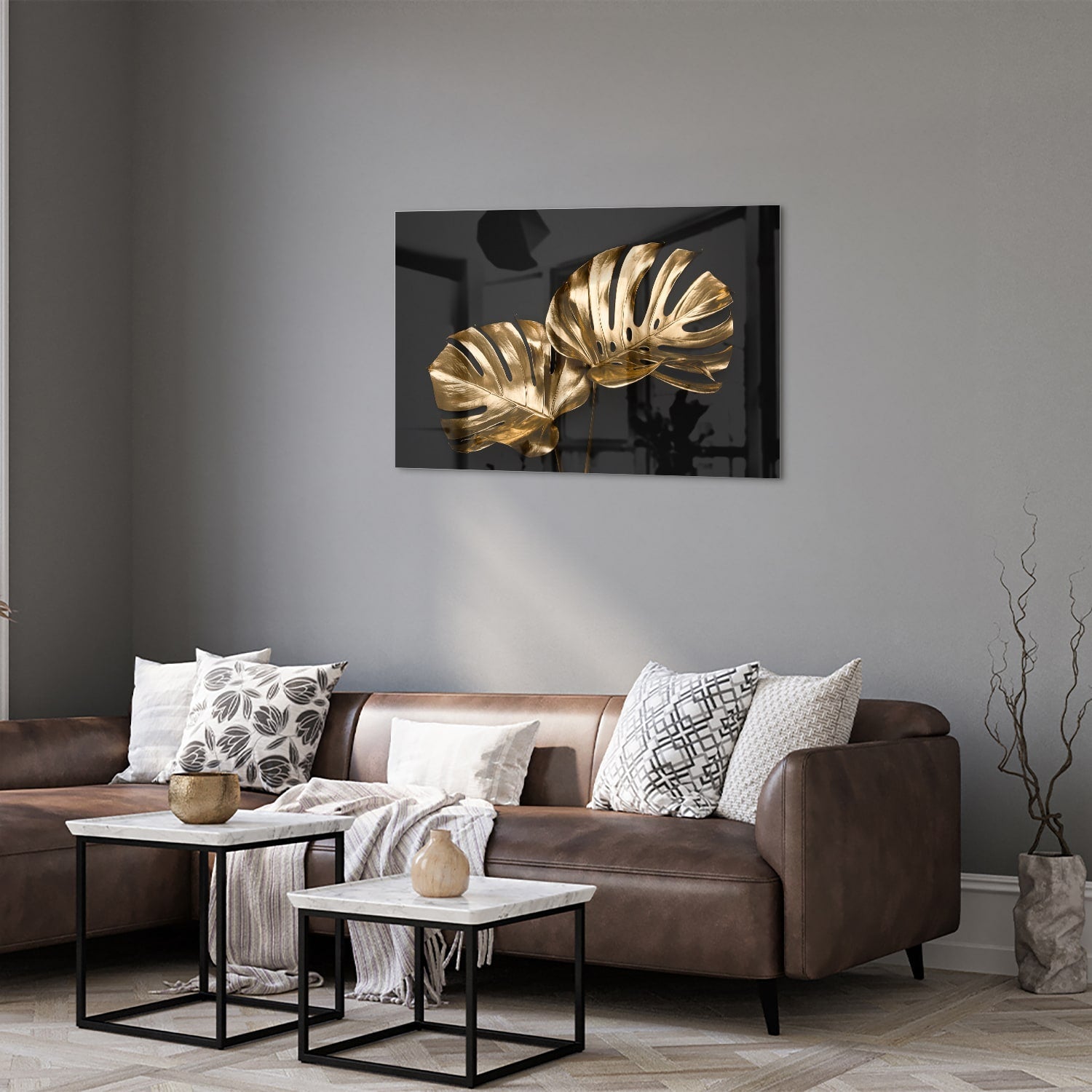 Goldenes Monstera-Glasbild für Wanddekoration – Glasbild aus Sicherheitsglas, Größe 50x50_rond