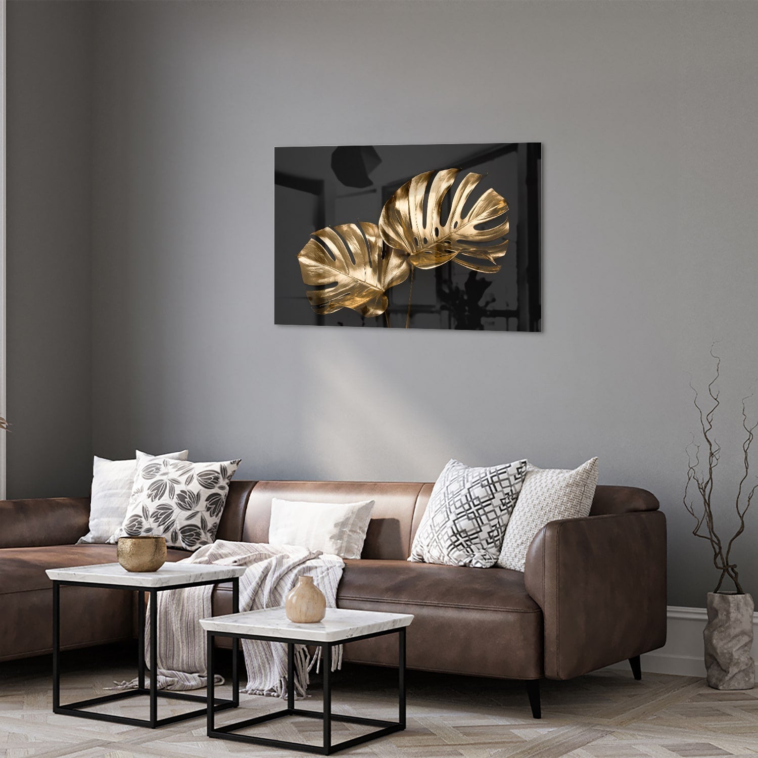Goldenen Monstera Glasbild für Wanddekoration als moderne Glas-Wanddekoration aus 4 mm Sicherheitsglas