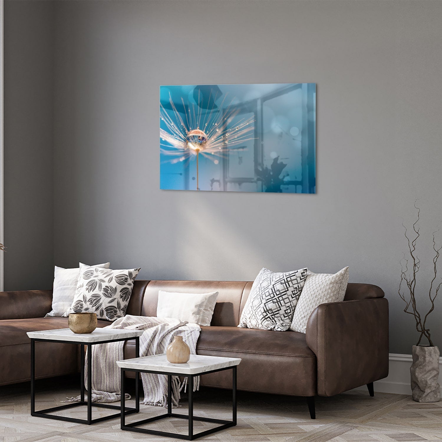 Elegantes Glasbild mit Löwenzahn-Design – Glasbild aus Sicherheitsglas, Größe 50x50_rond